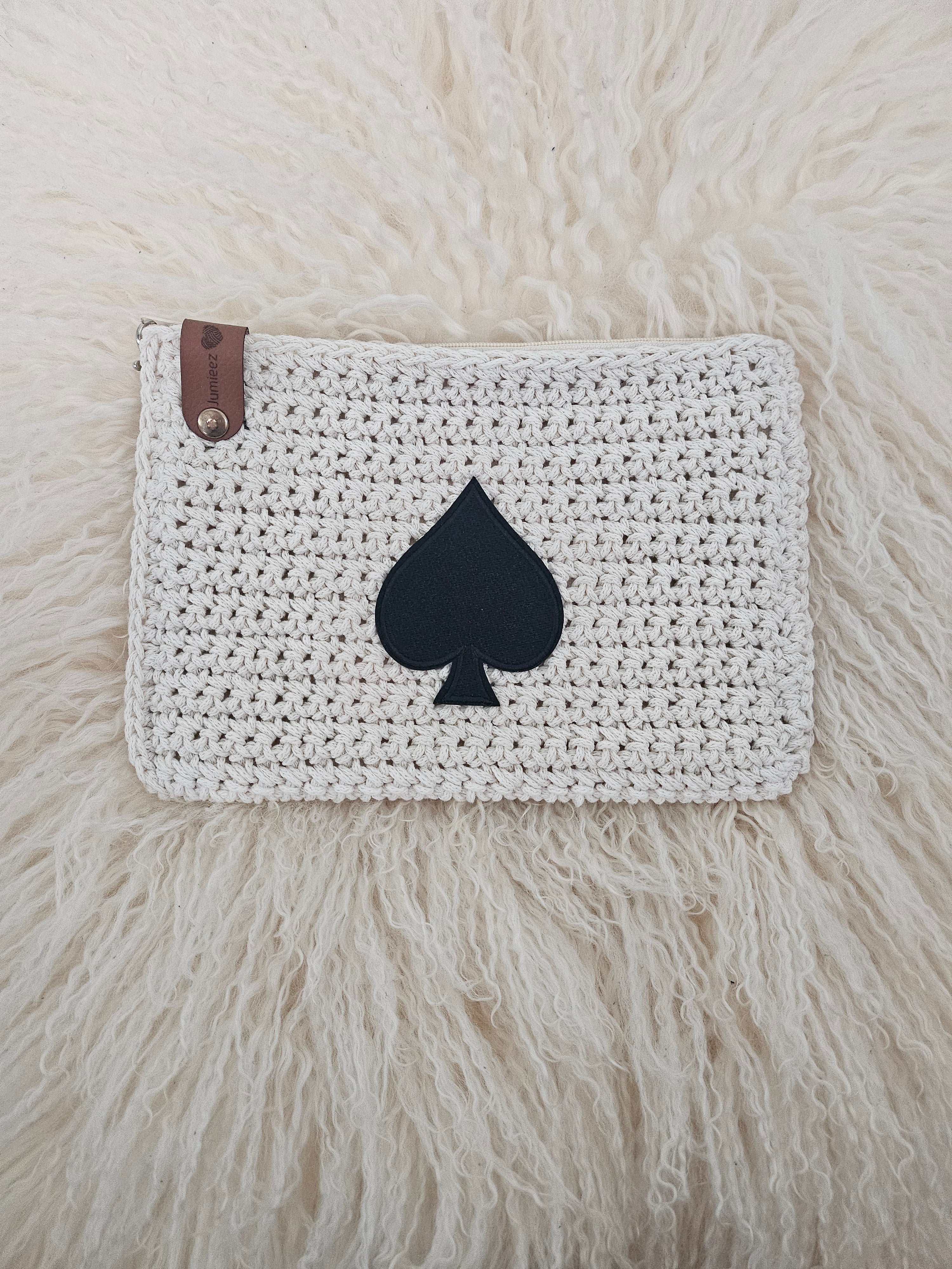 Jumieez Handcrafted Crochet Pouch – Medium Cream with Black Spade Patch