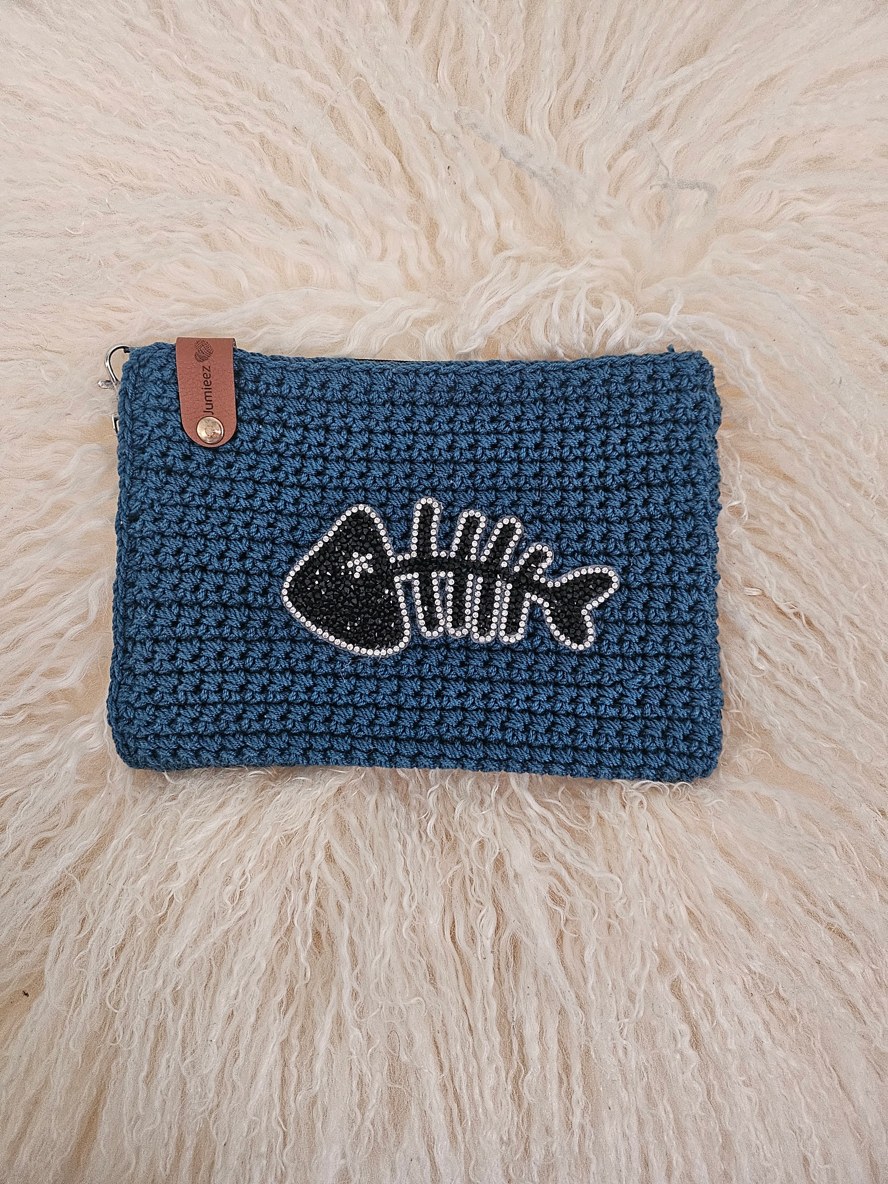 Jumieez Handcrafted Crochet Pouch – Medium Teal with Fish Skeleton Patch