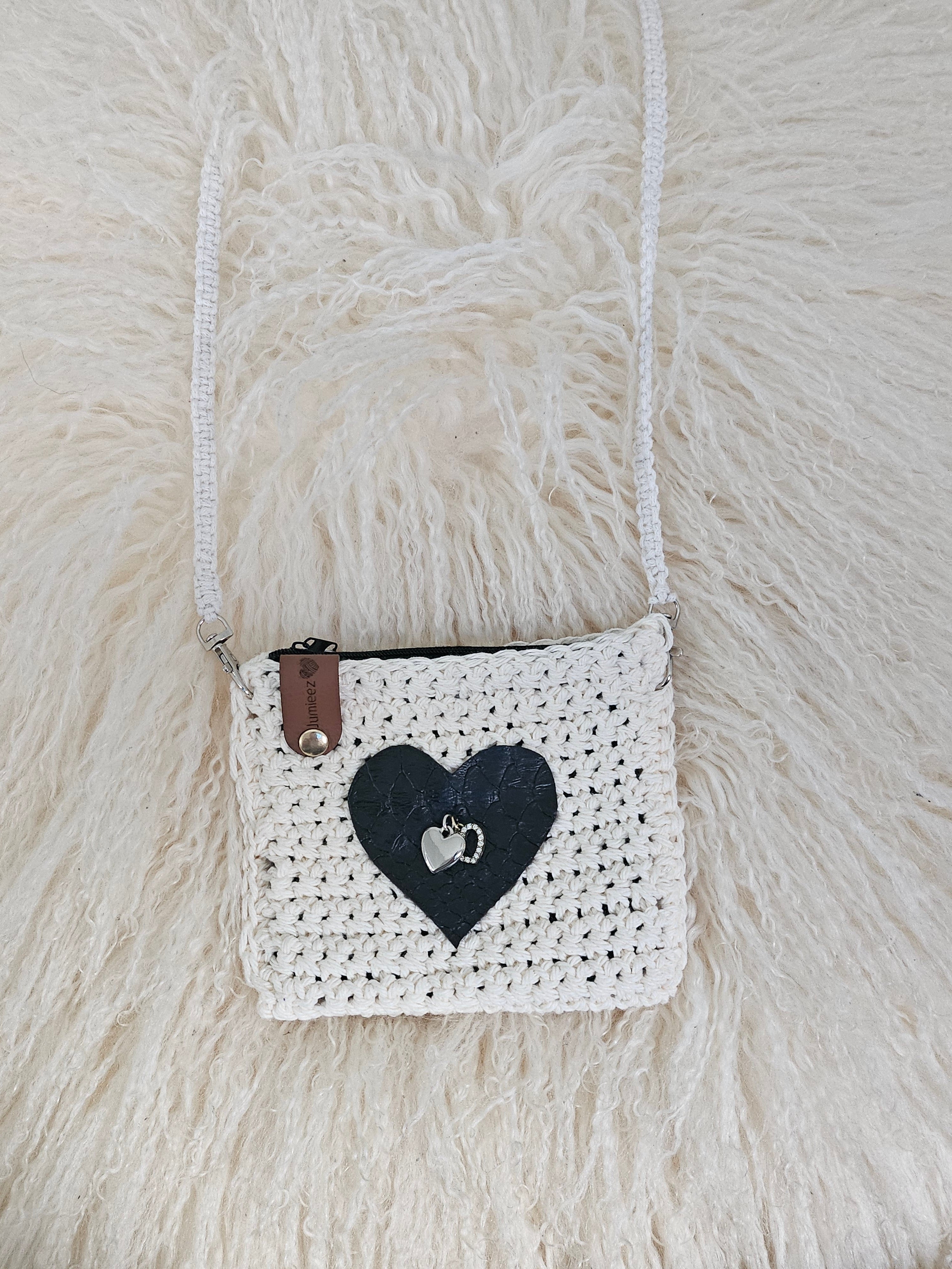 Jumieez Handcrafted Crochet Pouch – Small Cream with Black Heart Patch (Yarn Strap)