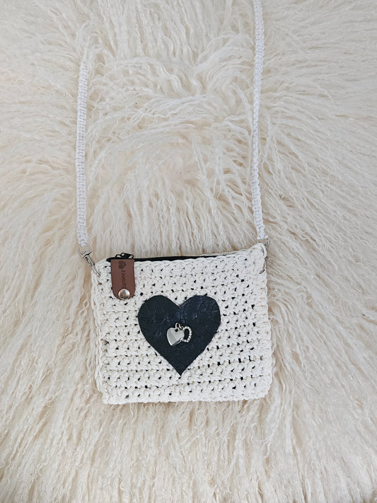 Jumieez Handcrafted Crochet Pouch – Small Cream with Black Heart Patch (Yarn Strap)