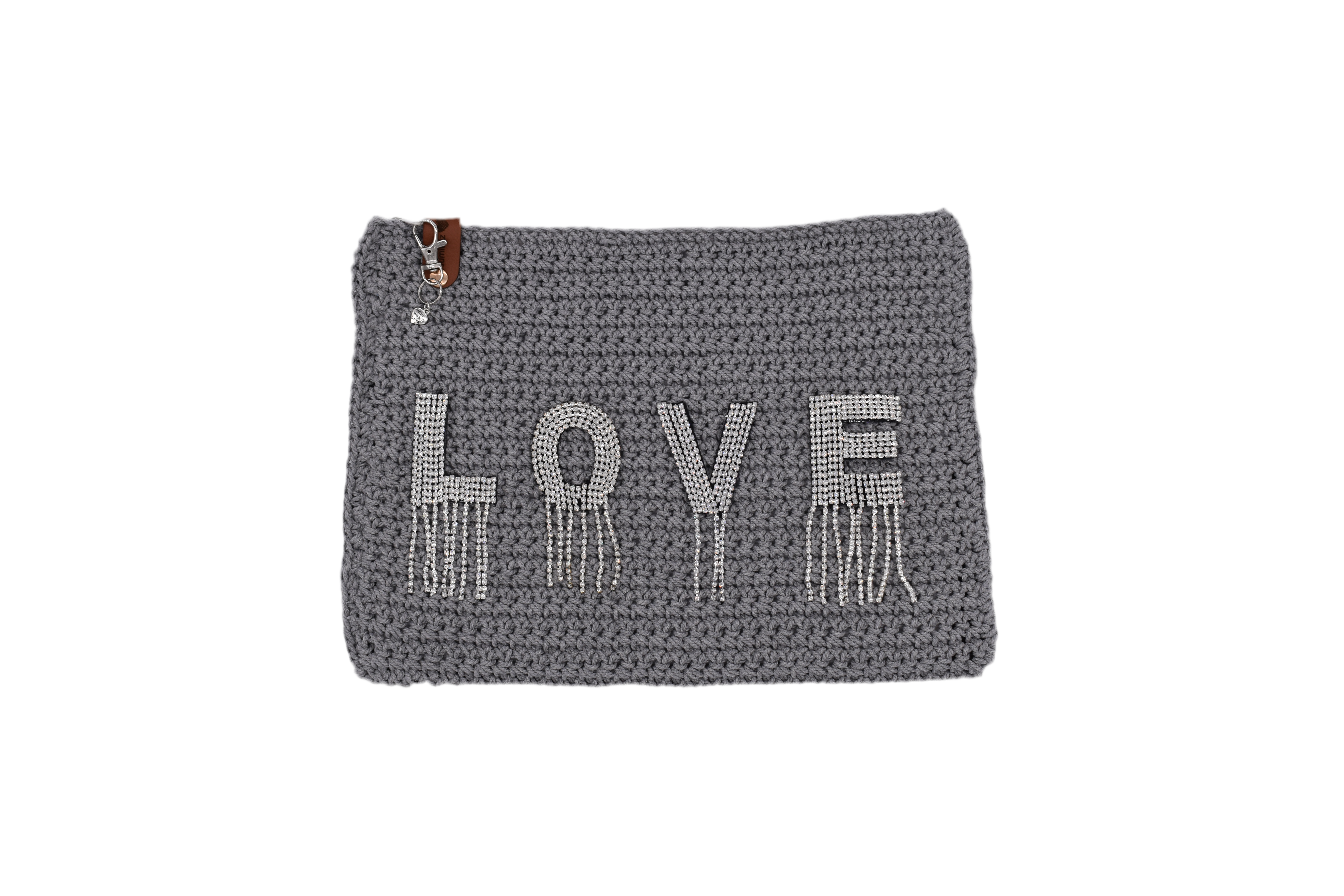 Jumieez Handcrafted Crochet Pouch – Special Edition Large Grey with ‘LOVE’ Drip Patch