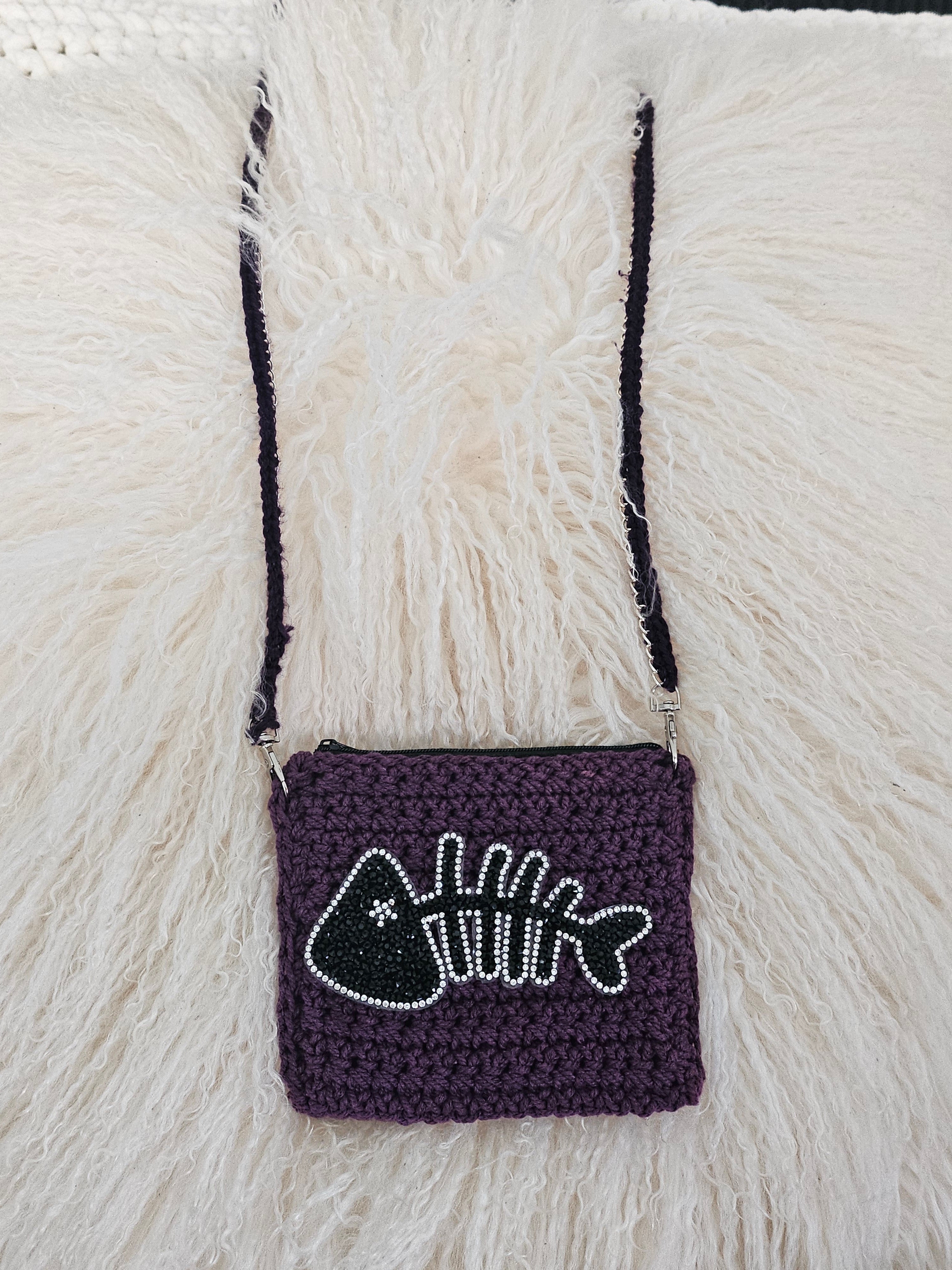 Jumieez Handcrafted Crochet Pouch – Small Purple with Fishbone Patch (Mixed Strap)
