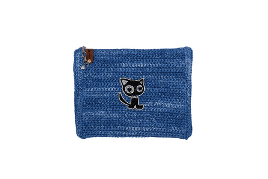 Jumieez Handcrafted Crochet Pouch – Special Edition Large Blue with Cat Patch