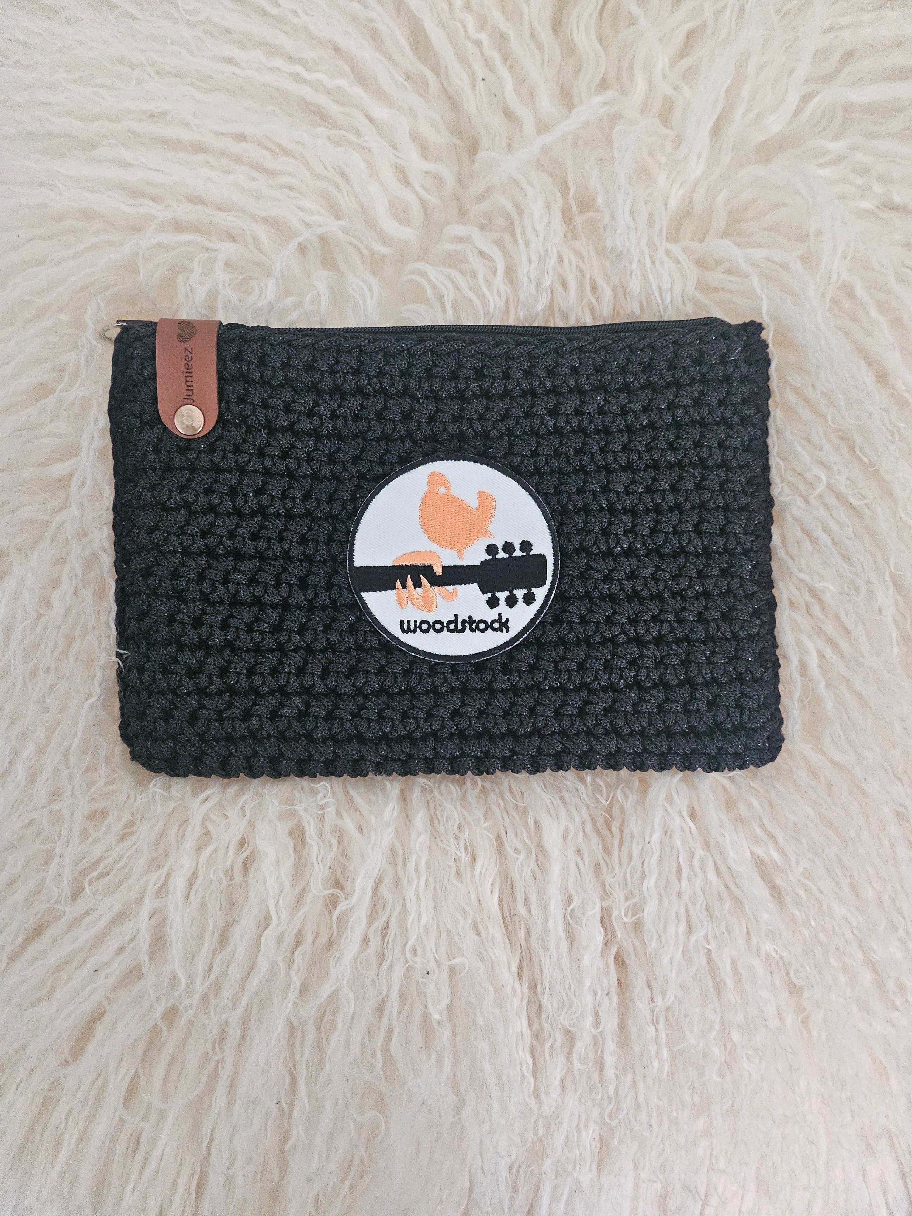 Jumieez Handcrafted Crochet Pouch – Medium Black with Woodstock Patch