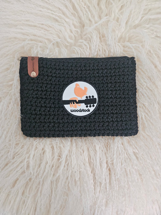 Jumieez Handcrafted Crochet Pouch – Medium Black with Woodstock Patch