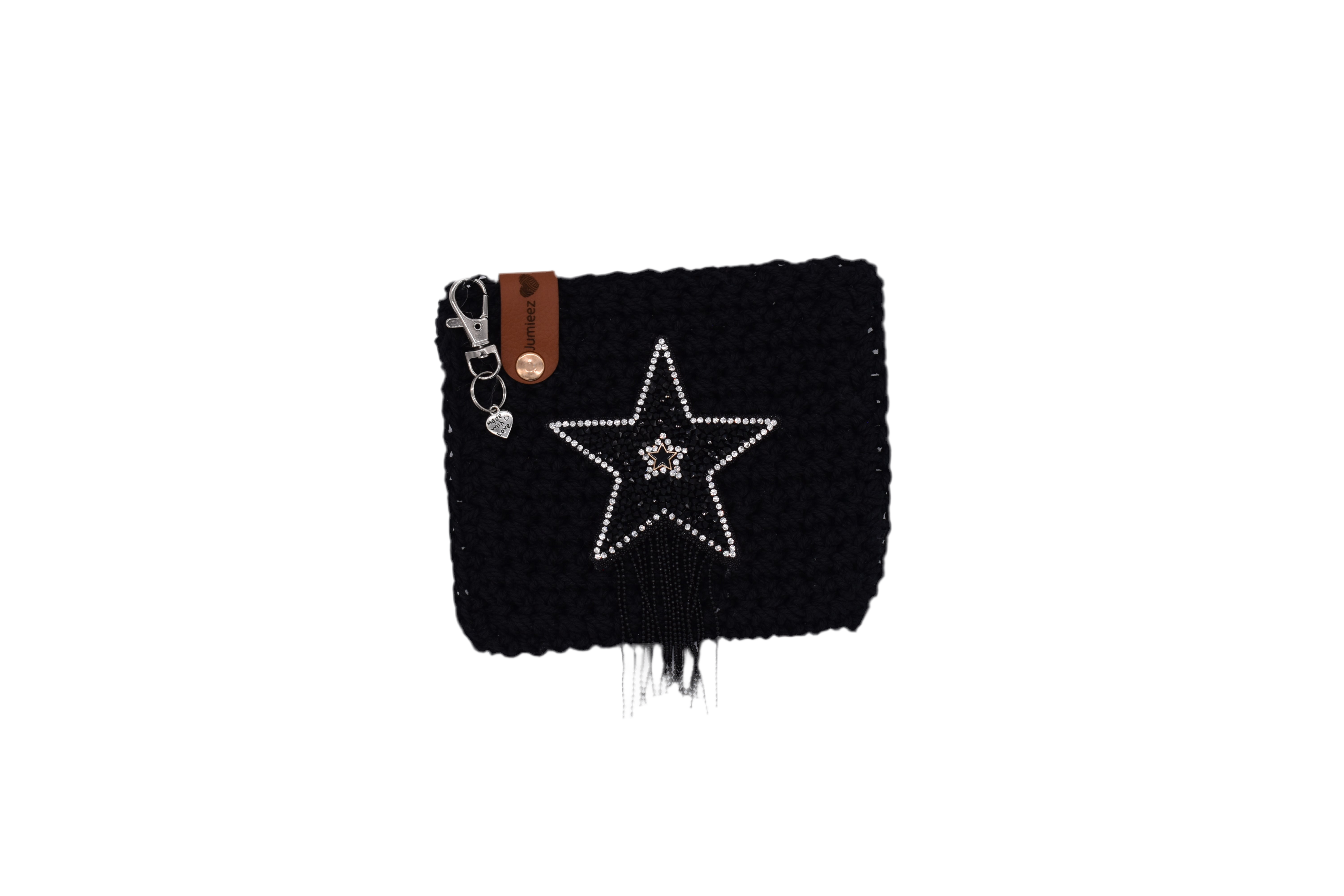 Jumieez Handcrafted Crochet Pouch – Special Edition Small Black with Star Patch & Fringe