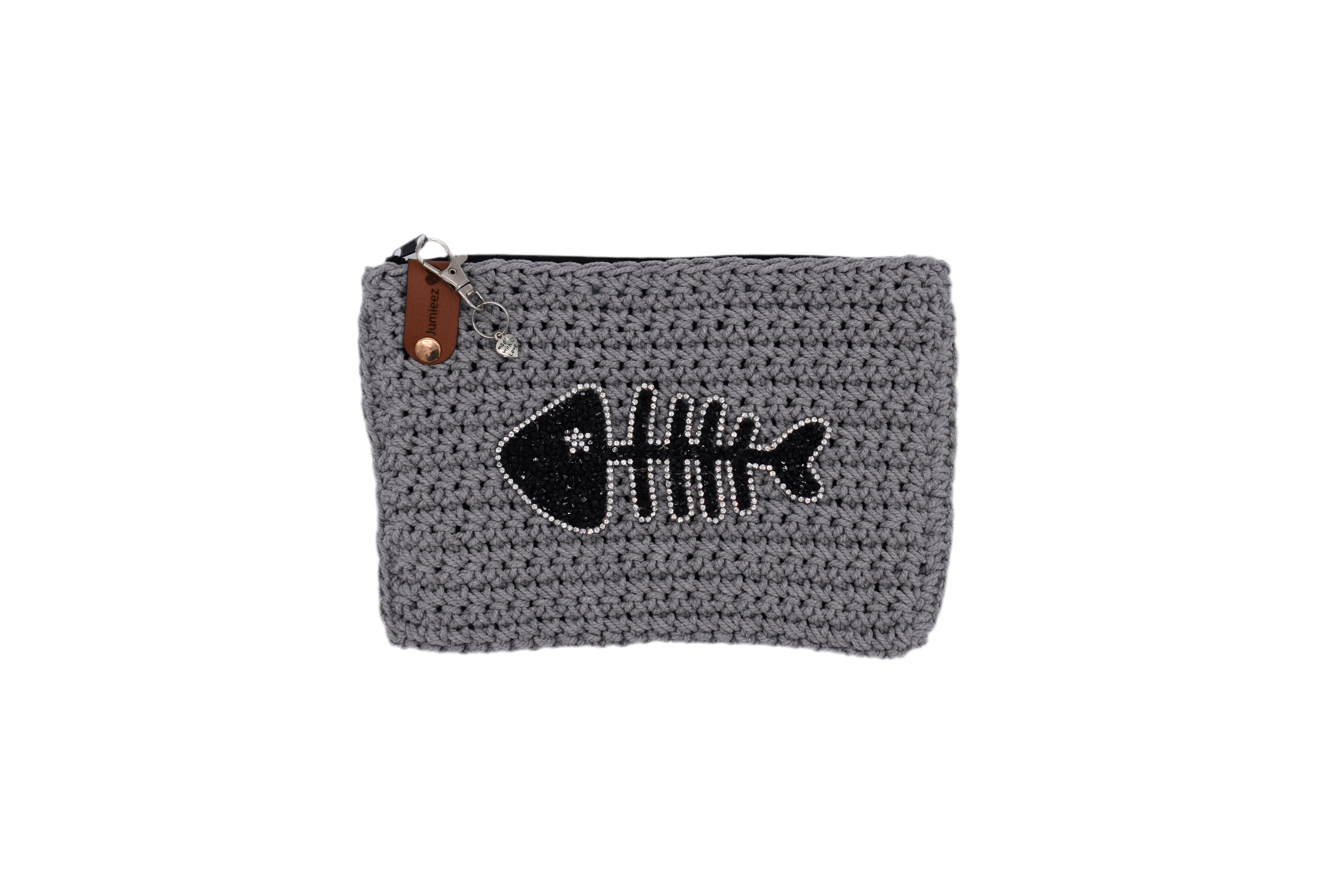 Jumieez Handcrafted Crochet Pouch – Special Edition Medium Grey with Black Fish Rhinestone Patch