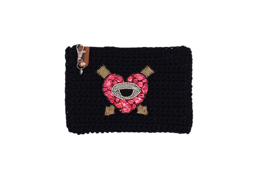 Jumieez Handcrafted Crochet Pouch – Medium Black with Bejeweled Heart & Eye Patch