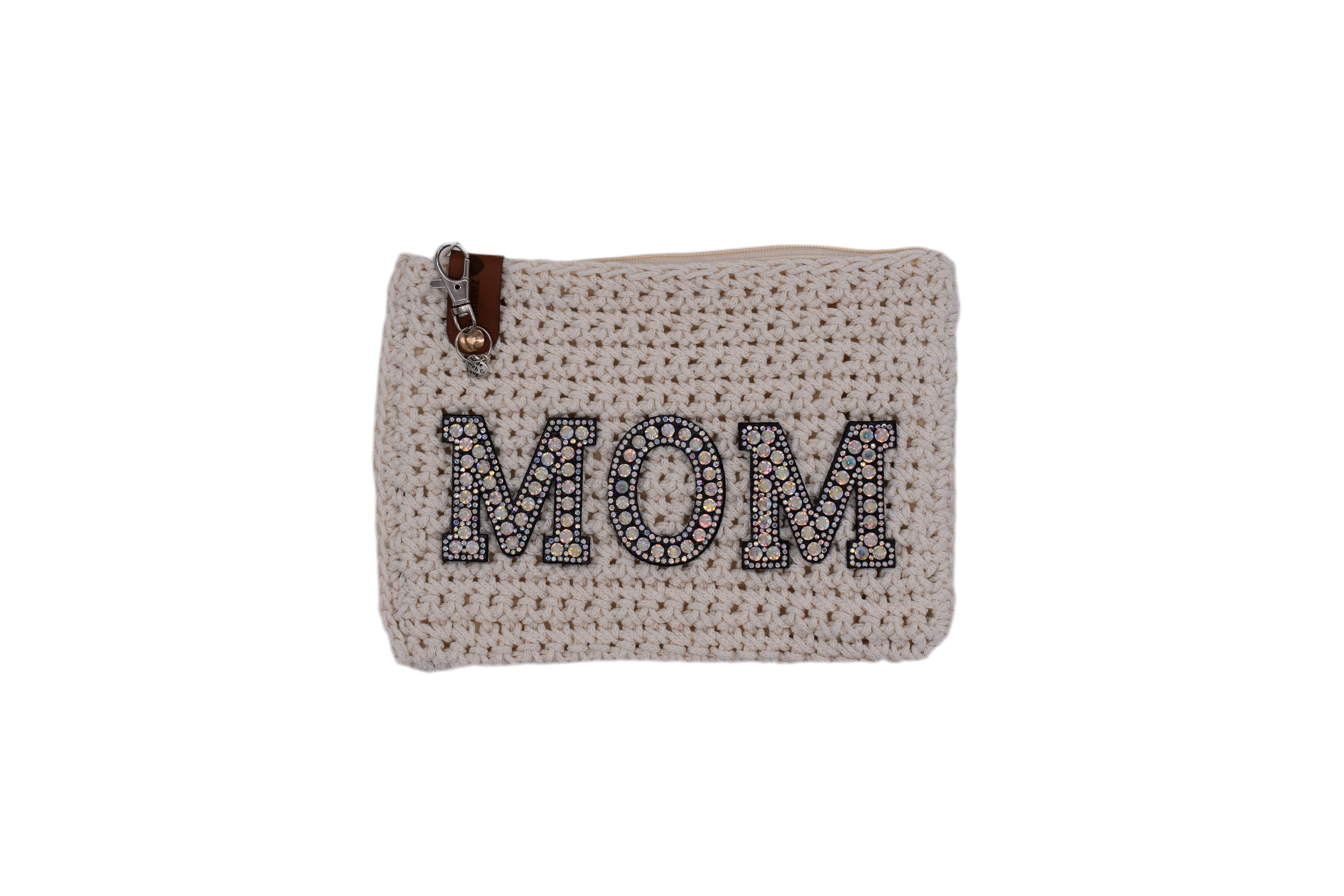 Jumieez Handcrafted Crochet Pouch – Special Edition Medium Cream with ‘MOM’ Rhinestone Patch