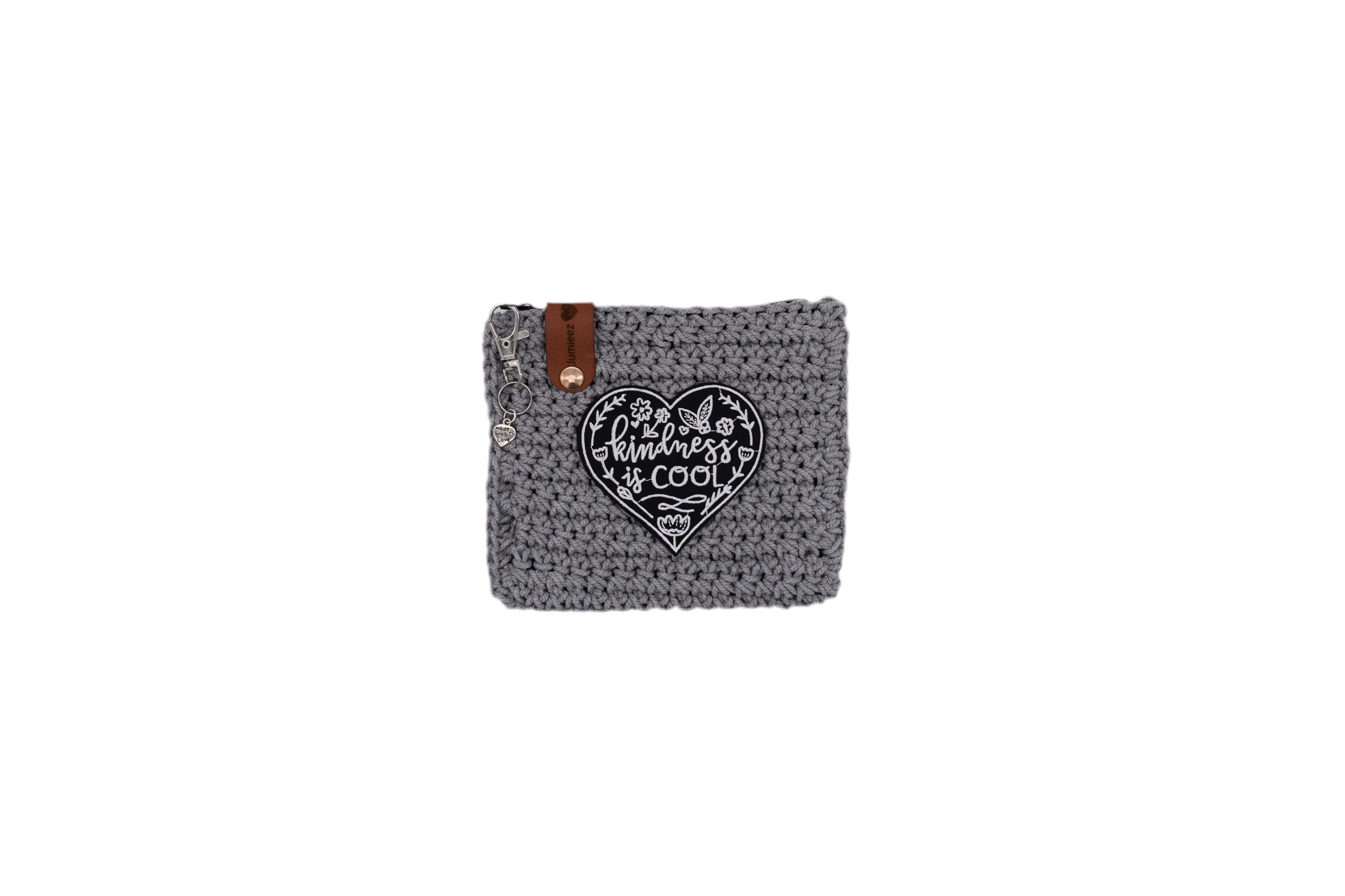 Jumieez Handcrafted Crochet Pouch – Small Grey with ‘Kindness is Cool’ Heart Patch