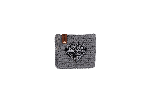 Jumieez Handcrafted Crochet Pouch – Small Grey with ‘Kindness is Cool’ Heart Patch