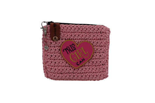 Jumieez Handcrafted Crochet Pouch – Small Pink with ‘This Girl Can’ Heart Patch