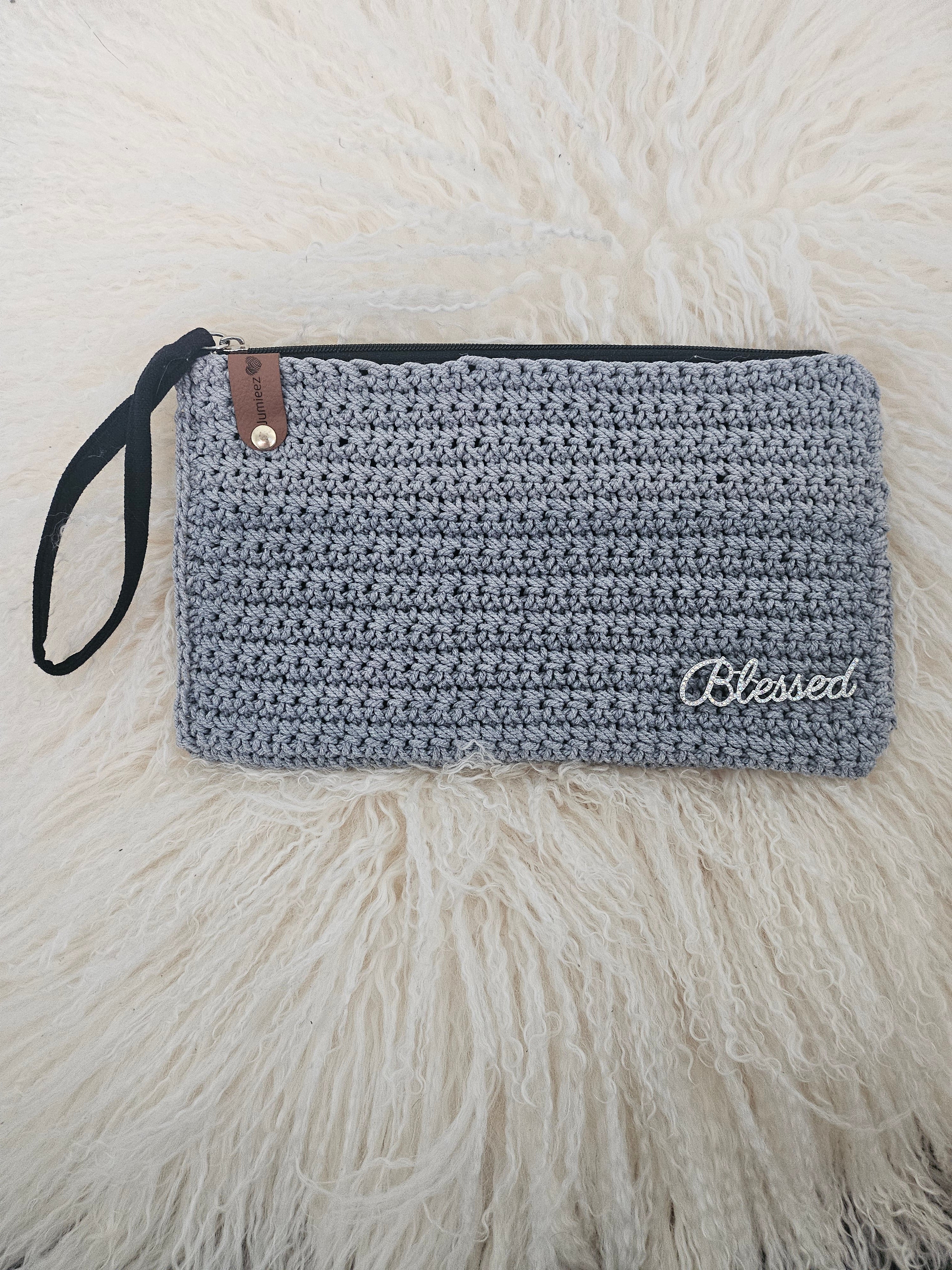 Jumieez Handcrafted Crochet Pouch with Strap – Special Edition Grey with “Blessed” Rhinestone Patch