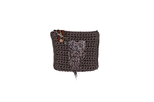 Jumieez Handcrafted Crochet Pouch – Special Edition Small Grey with Heart Fringe Patch