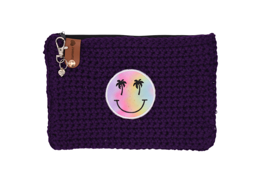 Jumieez Handcrafted Crochet Pouch – Medium Purple with Rainbow Palm Tree Smile Patch