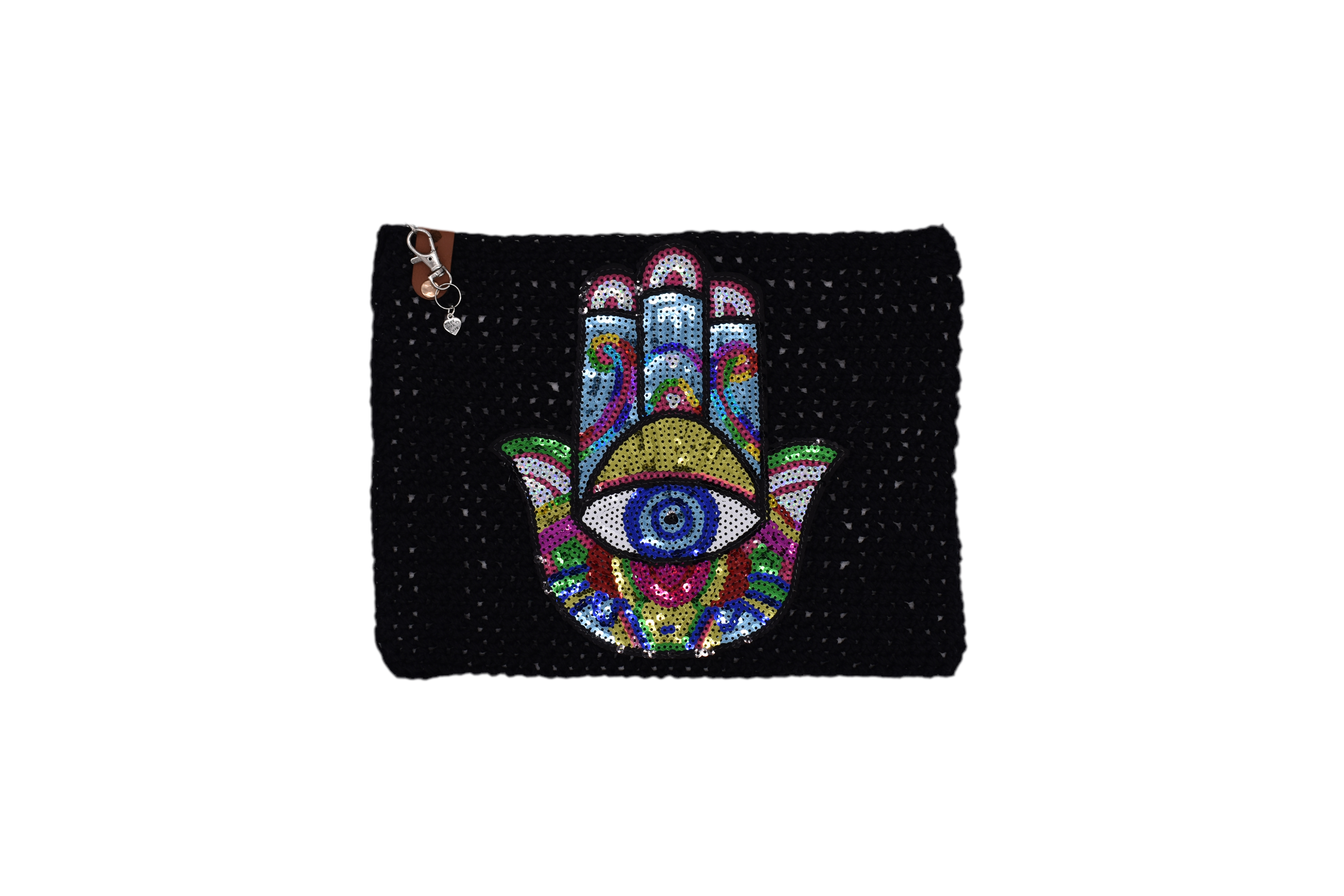 Jumieez Handcrafted Crochet Pouch – Special Edition Large Black with Hamsa Hand Patch