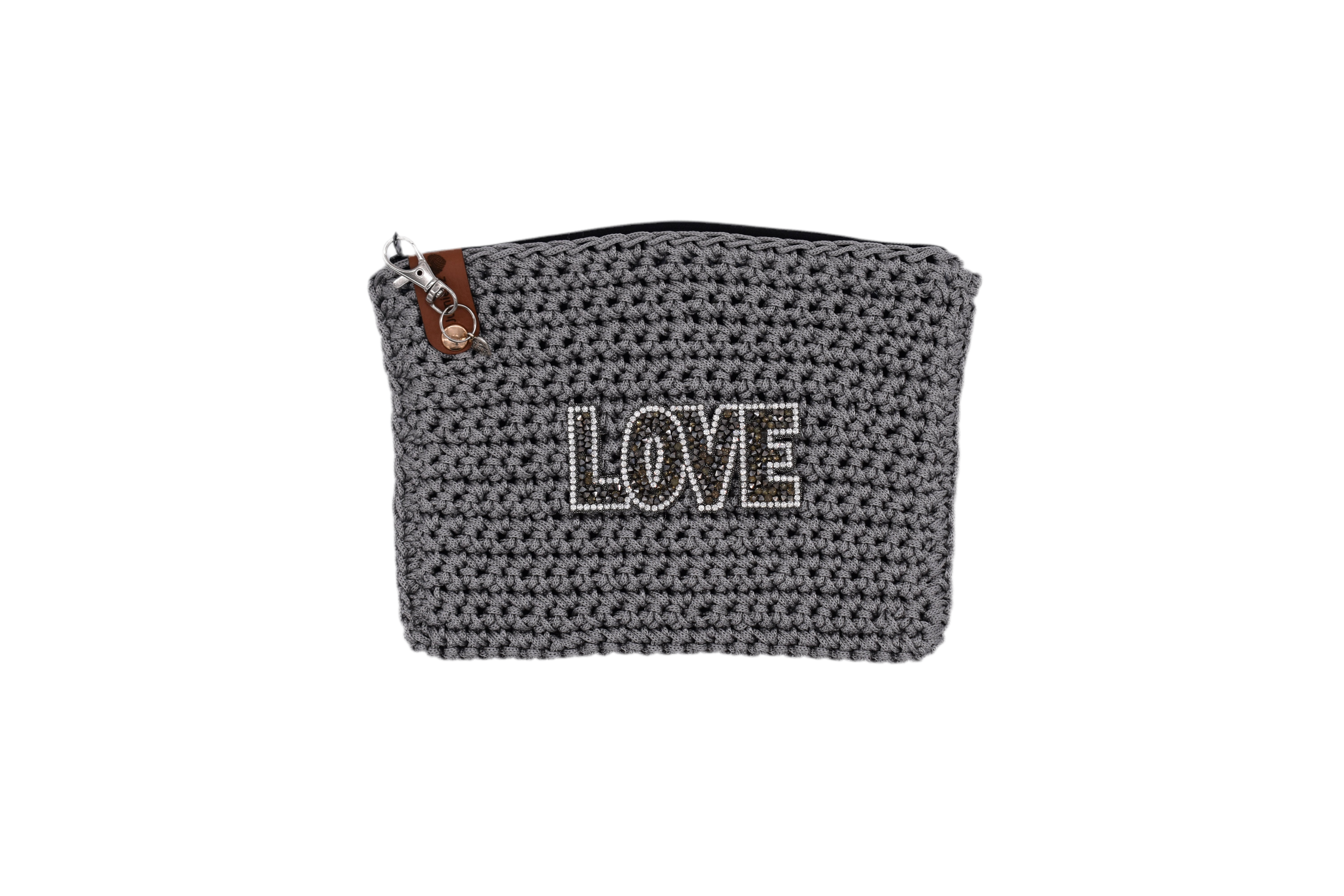 Jumieez Handcrafted Crochet Pouch – Special Edition Medium Grey with ‘LOVE’ Rhinestone Patch