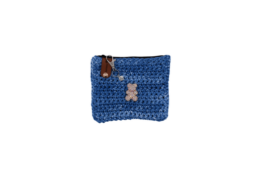 Jumieez Handcrafted Crochet Pouch – Special Edition Small Blue with Teddy Bear Patch