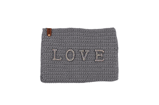 Jumieez Handcrafted Crochet Pouch – Special Edition Large Grey with Pearl ‘LOVE’ Patch