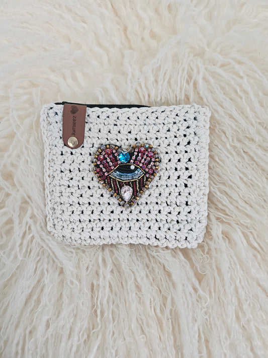 Jumieez Handcrafted Crochet Pouch – Special Edition Small Cream with Evil Eye Heart Patch