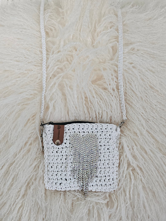 Jumieez Handcrafted Crochet Pouch – Small Beige with Beaded Heart Patch (Yarn Strap)