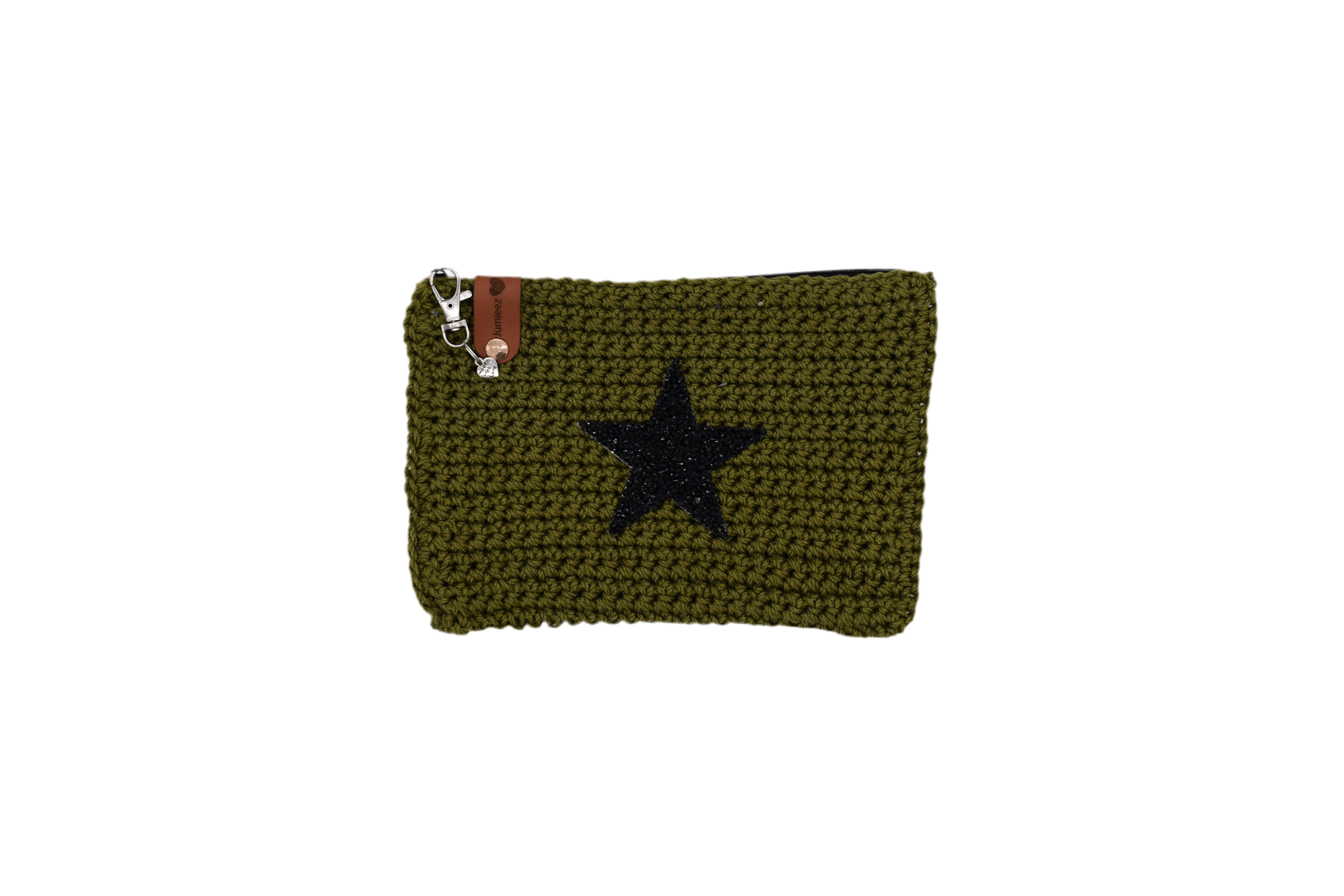 Jumieez Handcrafted Crochet Pouch – Medium Olive Green with Black Star Patch