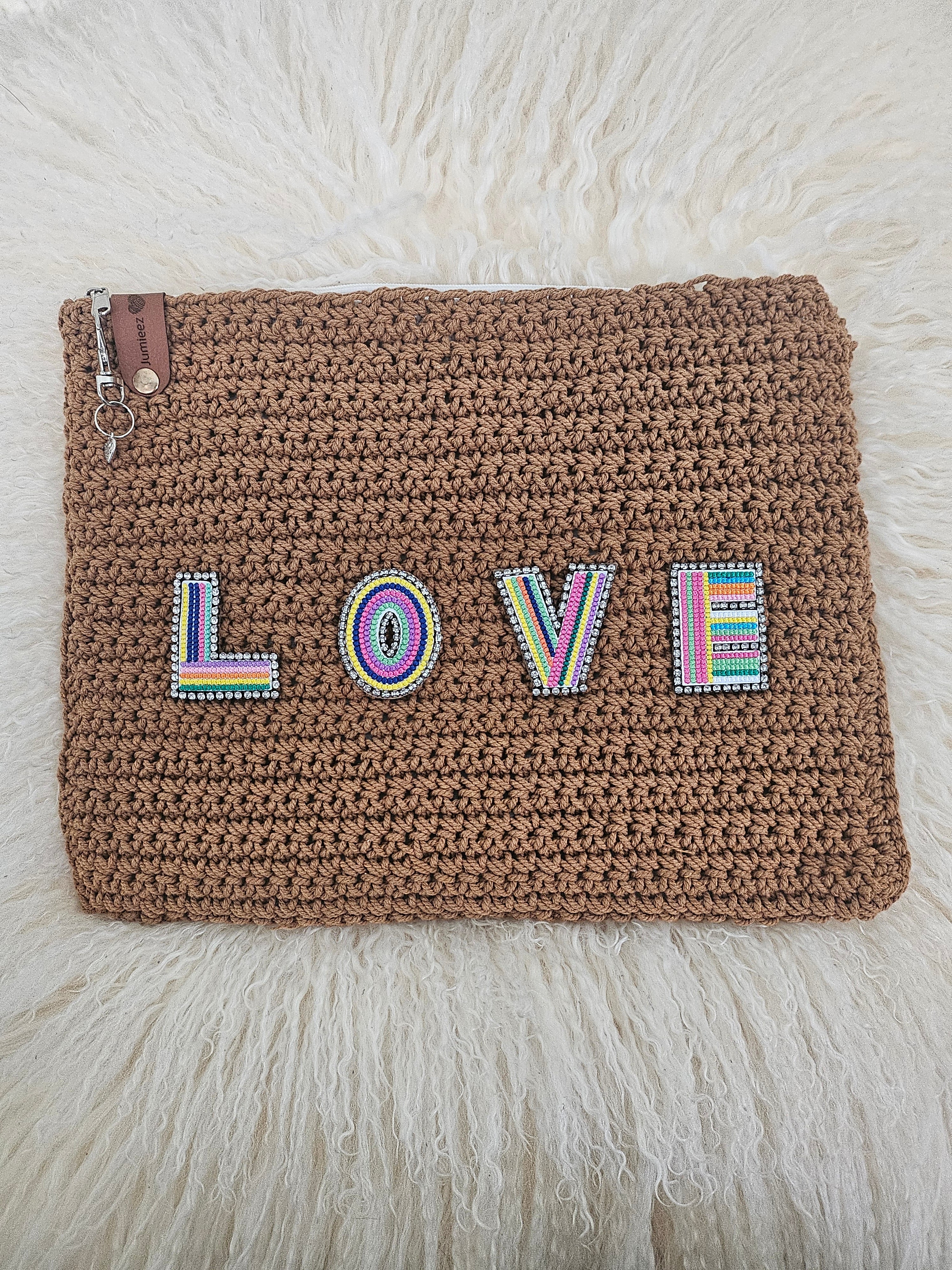 Jumieez Handcrafted Crochet Pouch – Special Edition Large Brown with Rainbow LOVE Patch