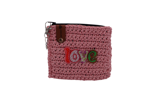 Jumieez Handcrafted Crochet Pouch – Small Pink with Multicolor Love Patch