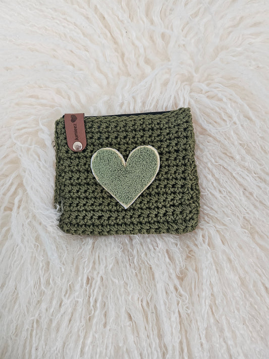 Jumieez Handcrafted Crochet Pouch – Small Olive Green with Green Heart Patch