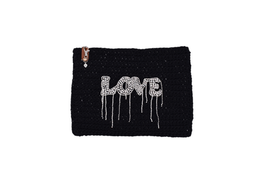 Jumieez Handcrafted Crochet Pouch – Special Edition Large Black with Dripping Love Patch