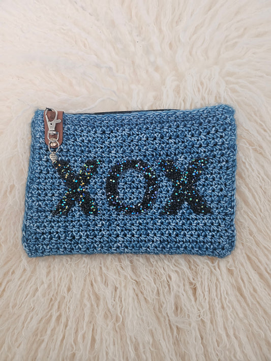 Jumieez Handcrafted Crochet Pouch – Special Edition Medium Blue with Rhinestone XOX Patch