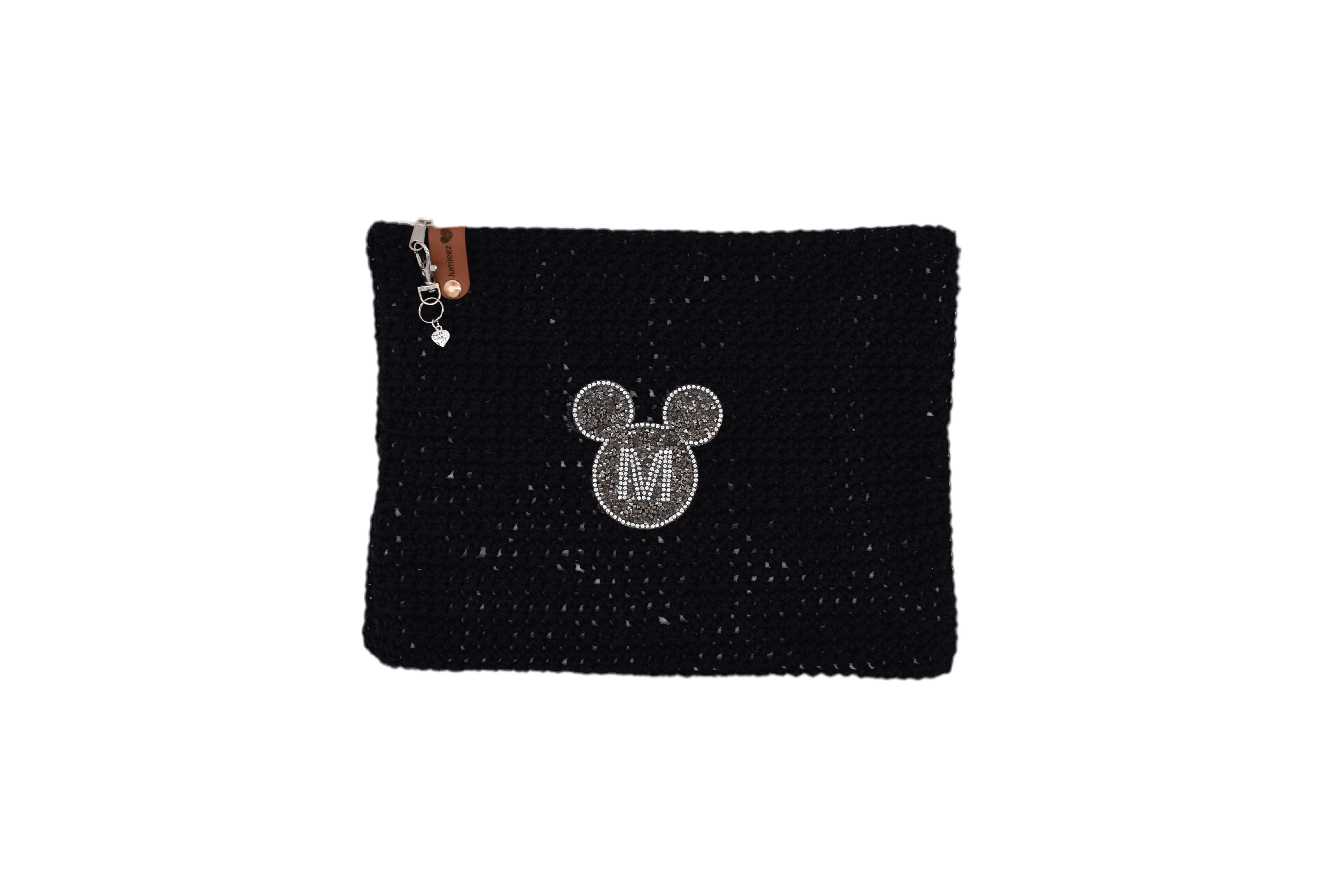 Jumieez Handcrafted Crochet Pouch – Large Black with Rhinestone Mickey-Inspired Patch