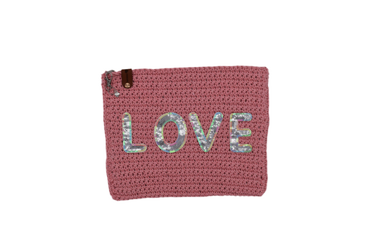 Jumieez Handcrafted Crochet Pouch – Large Pink with Sequin ‘LOVE’ Patch