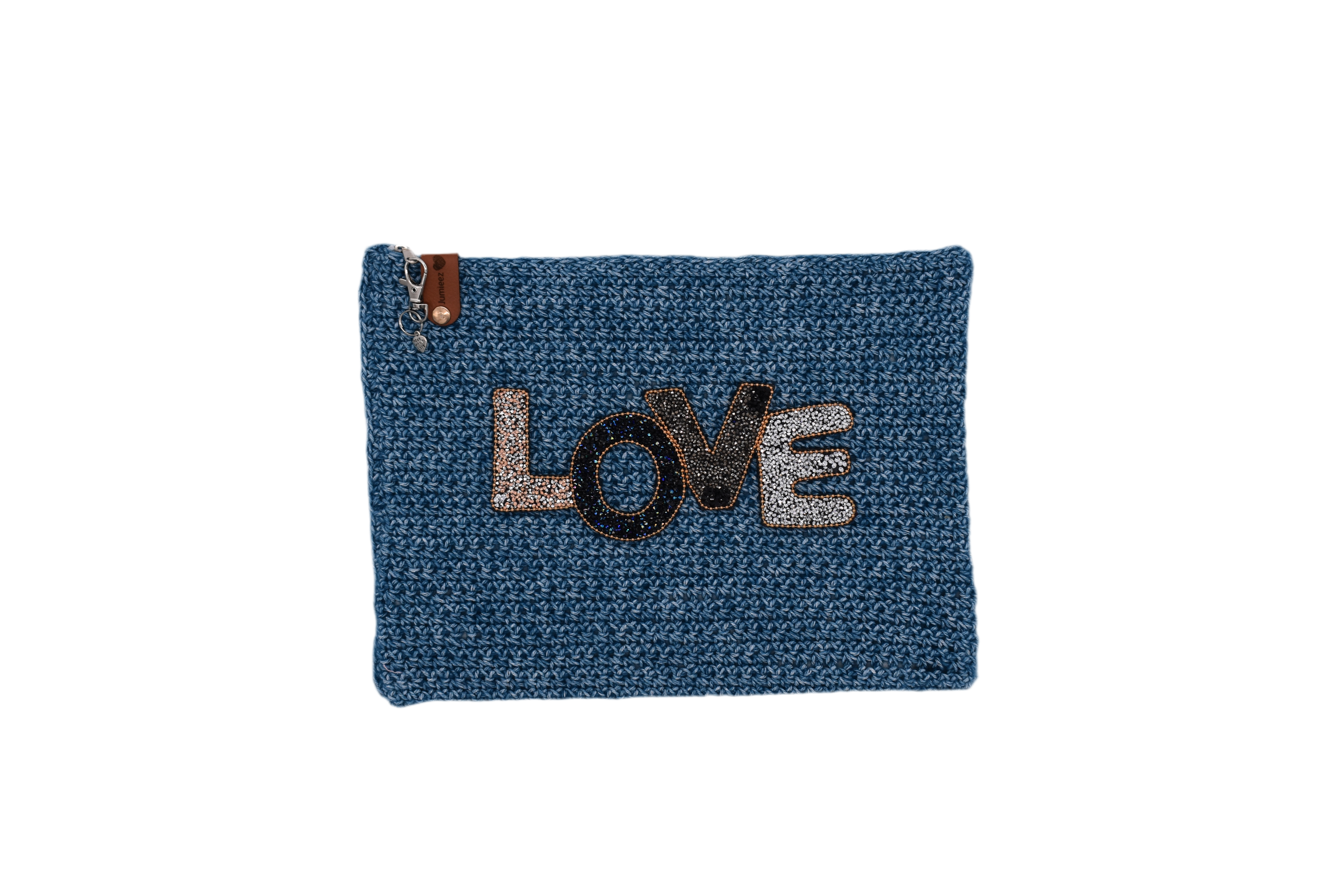 Jumieez Handcrafted Crochet Pouch – Special Edition Large Blue with Multicolor ‘LOVE’ Patch