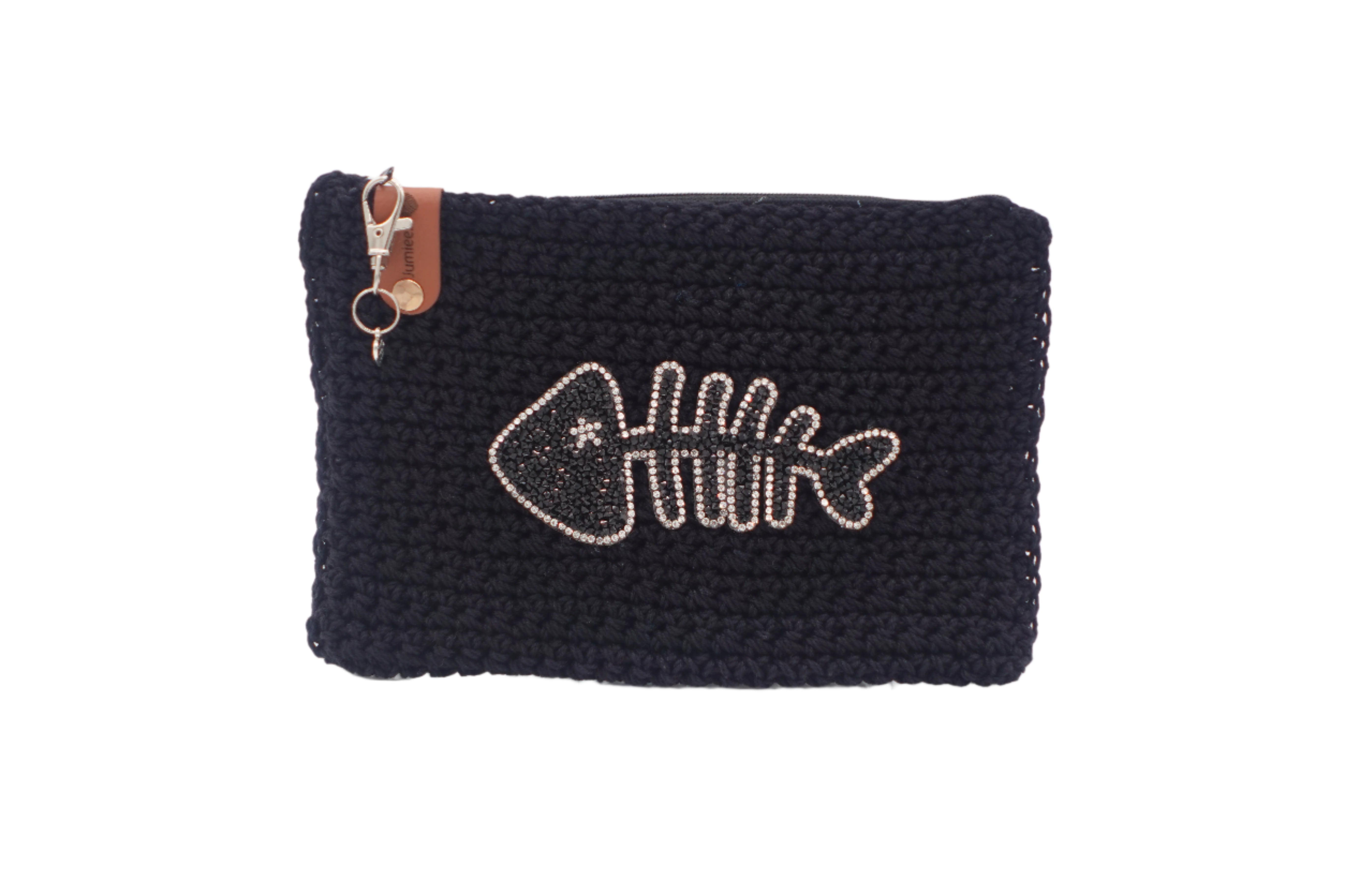 Jumieez Handcrafted Crochet Pouch – Special Edition Medium Black with Rhinestone Fishbone Patch