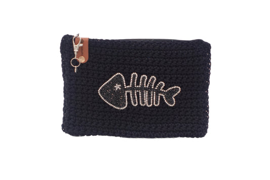 Jumieez Handcrafted Crochet Pouch – Special Edition Medium Black with Rhinestone Fishbone Patch