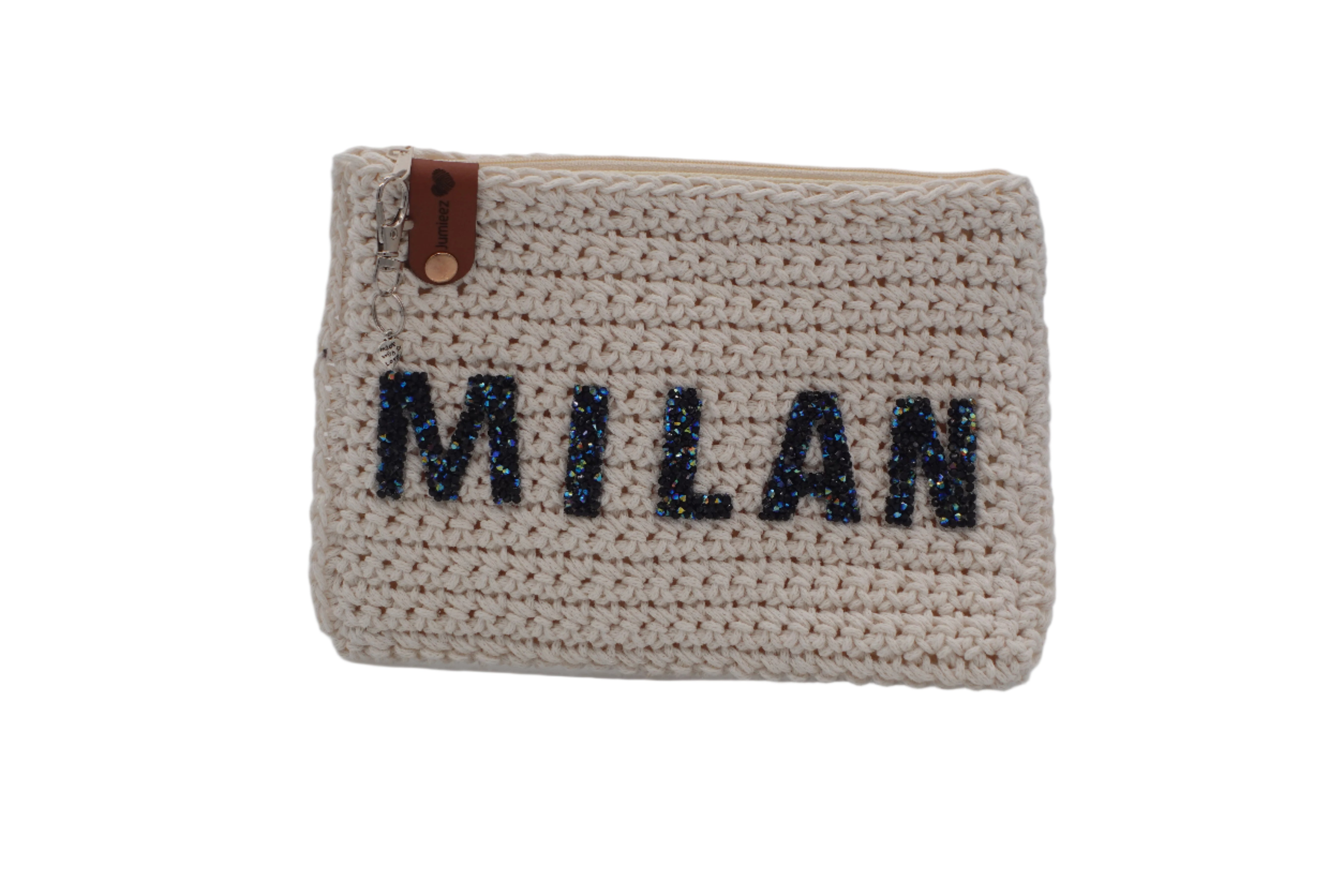 Jumieez Handcrafted Crochet Pouch – Special Edition Medium Cream with Rhinestone Milan Patch