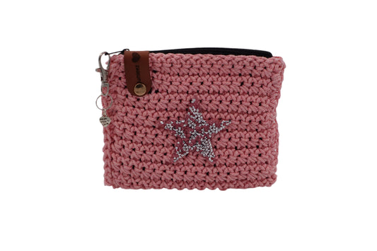 Jumieez Handcrafted Crochet Pouch - Small Pink with Sparkly Star Patch