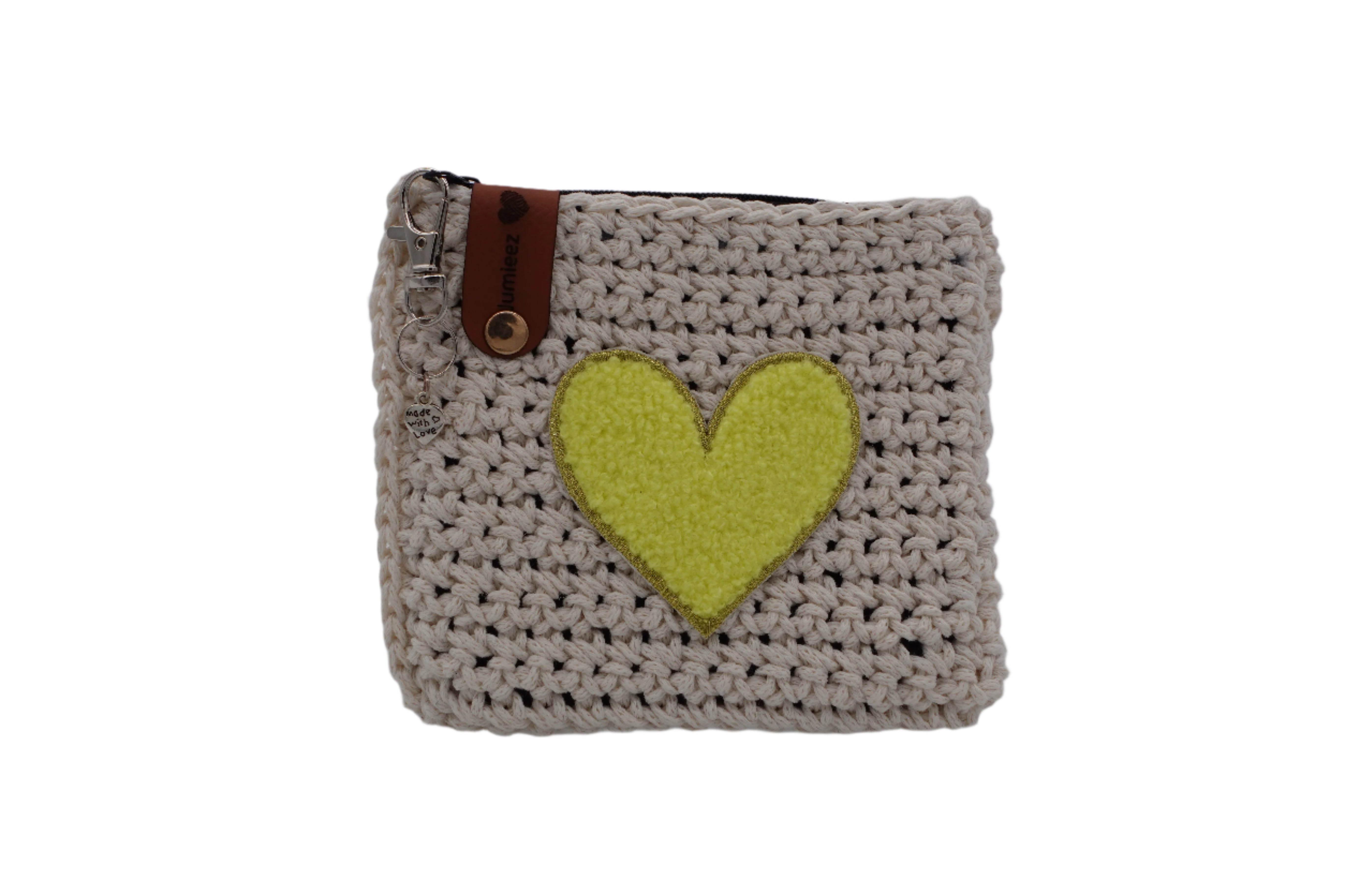 Jumieez Handcrafted Crochet Pouch - Small Beige with Yellow Heart Patch