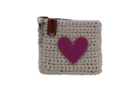 Jumieez Handcrafted Crochet Pouch - Small Beige with Pink Heart Patch