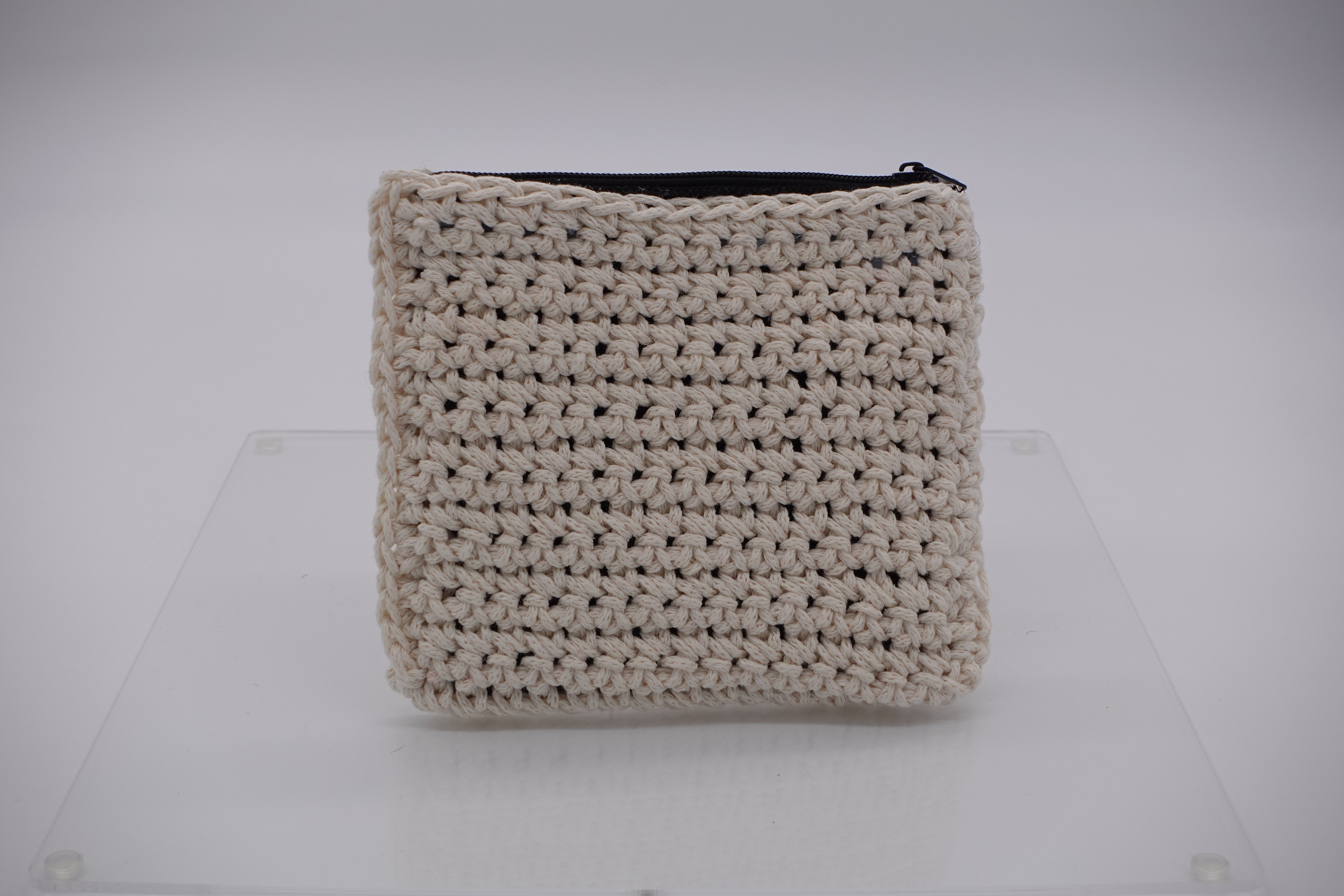 Jumieez Handcrafted Crochet Pouch - Small Beige with Pink Heart Patch