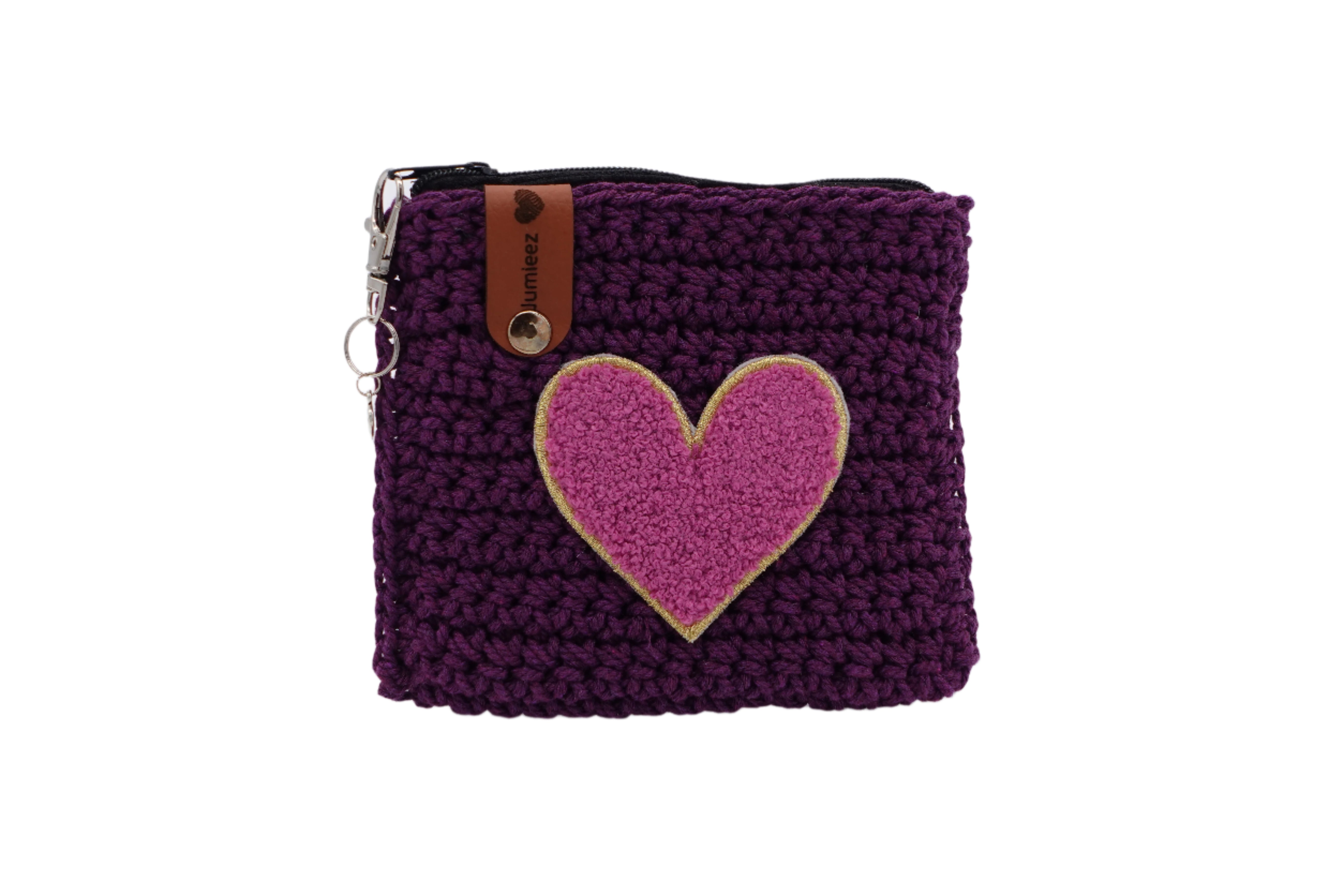 Jumieez Handcrafted Crochet Pouch – Small Purple with Pink Heart Patch