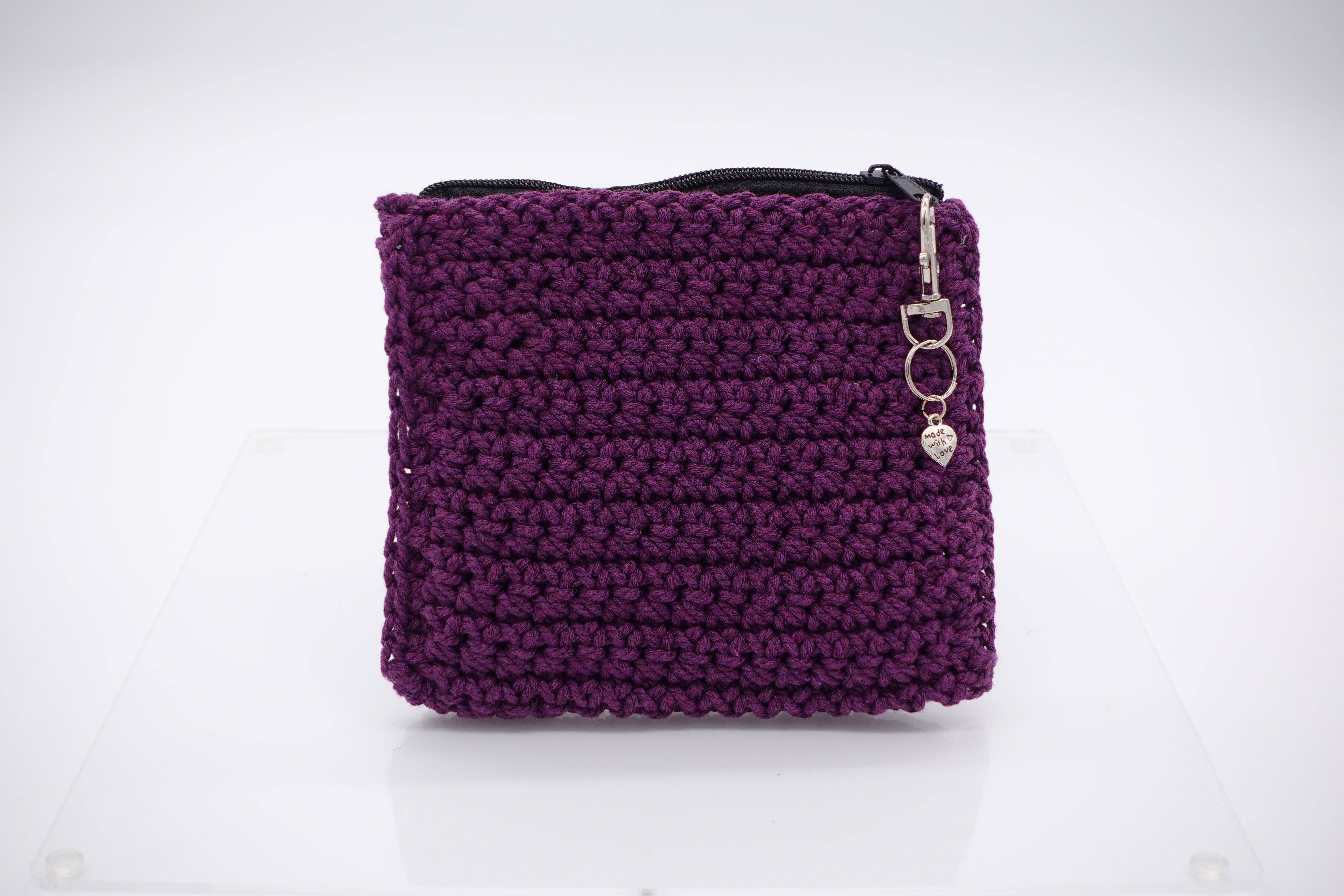 Jumieez Handcrafted Crochet Pouch – Small Purple with Pink Heart Patch