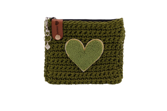 Jumieez Handcrafted Crochet Pouch – Small Olive Green with Green Heart Patch