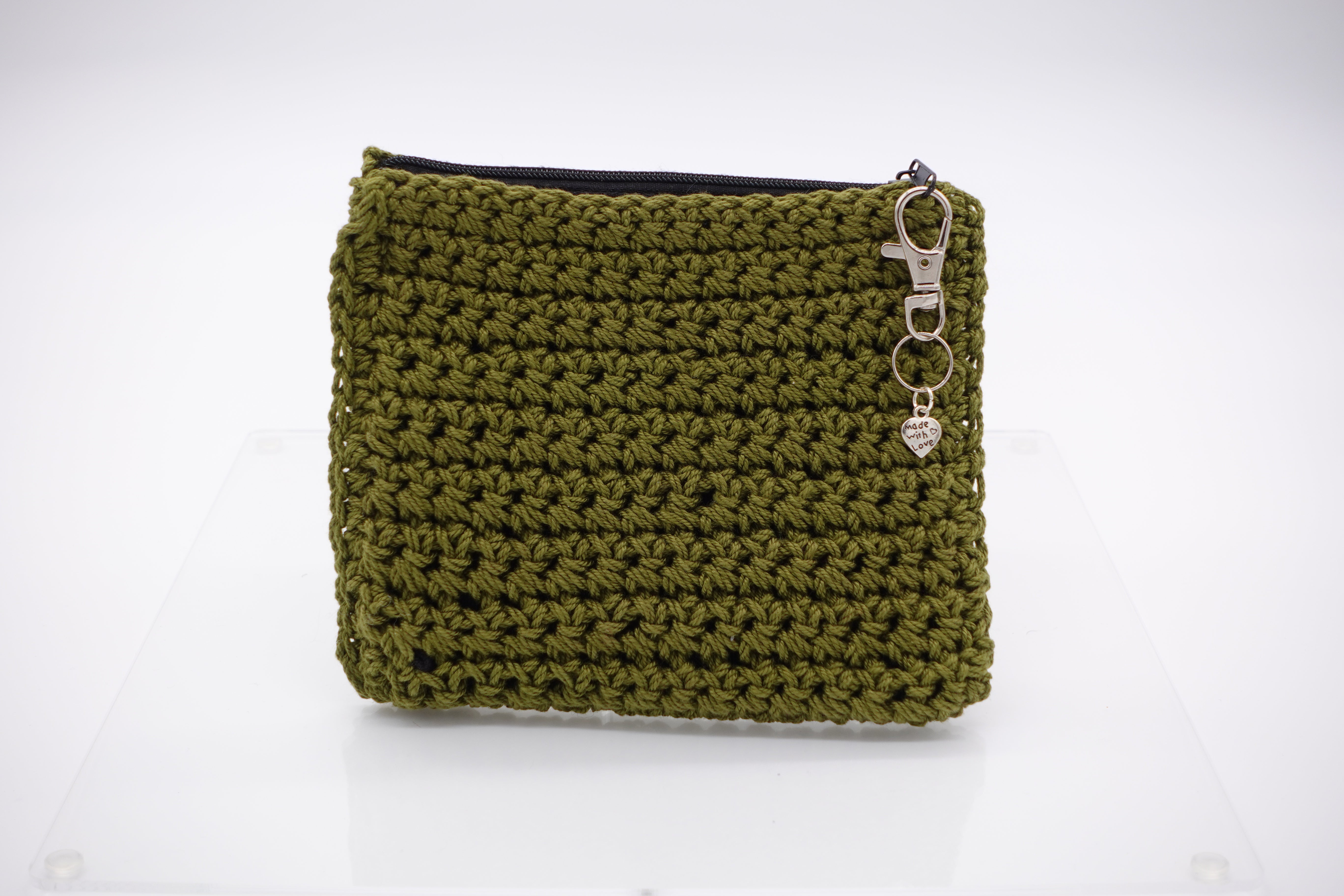 Jumieez Handcrafted Crochet Pouch – Small Olive Green with Green Heart Patch