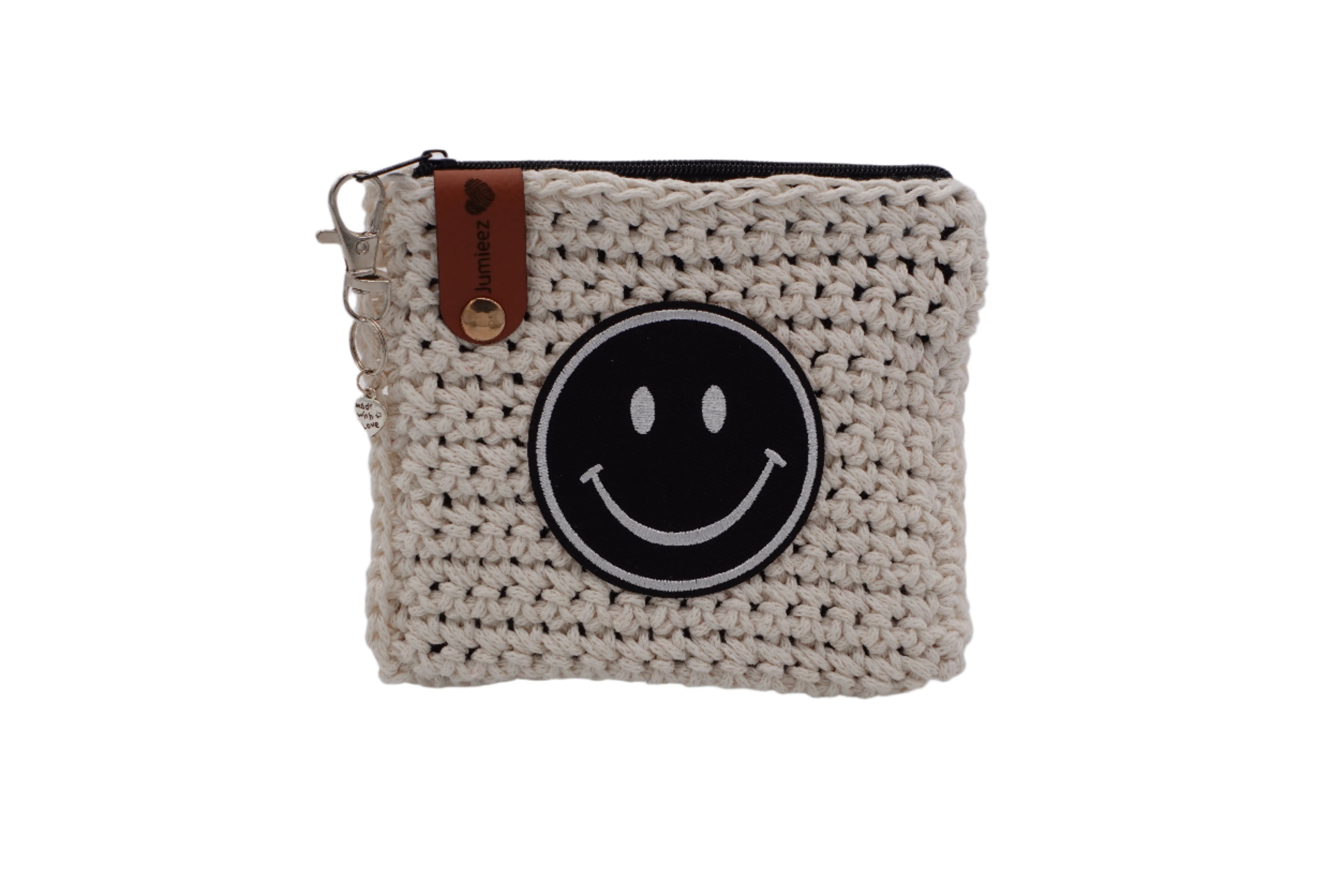 Jumieez Handcrafted Crochet Pouch – Small Beige with Black Smiley Patch