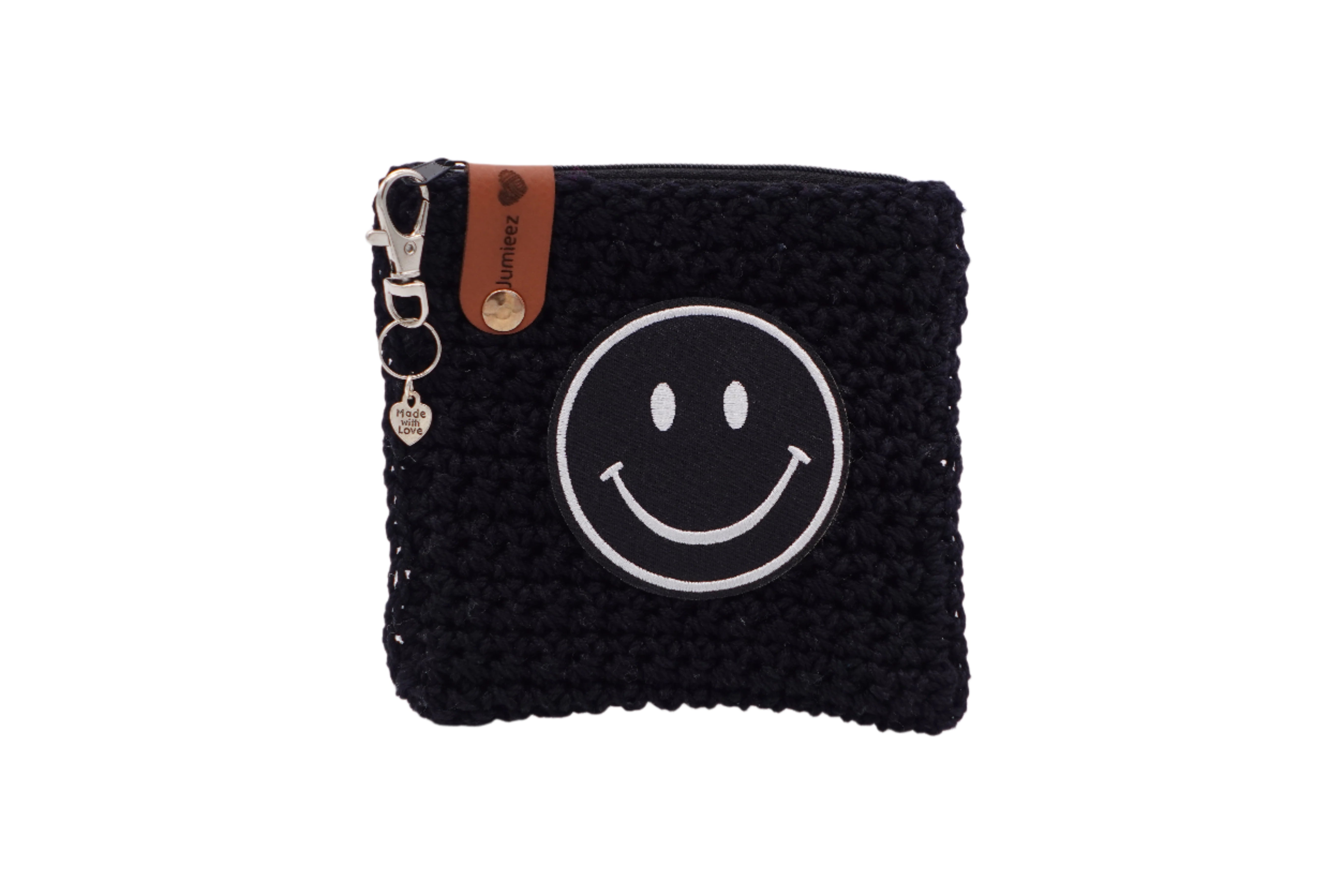 Jumieez Handcrafted Crochet Pouch – Small Black with White Smiley Patch