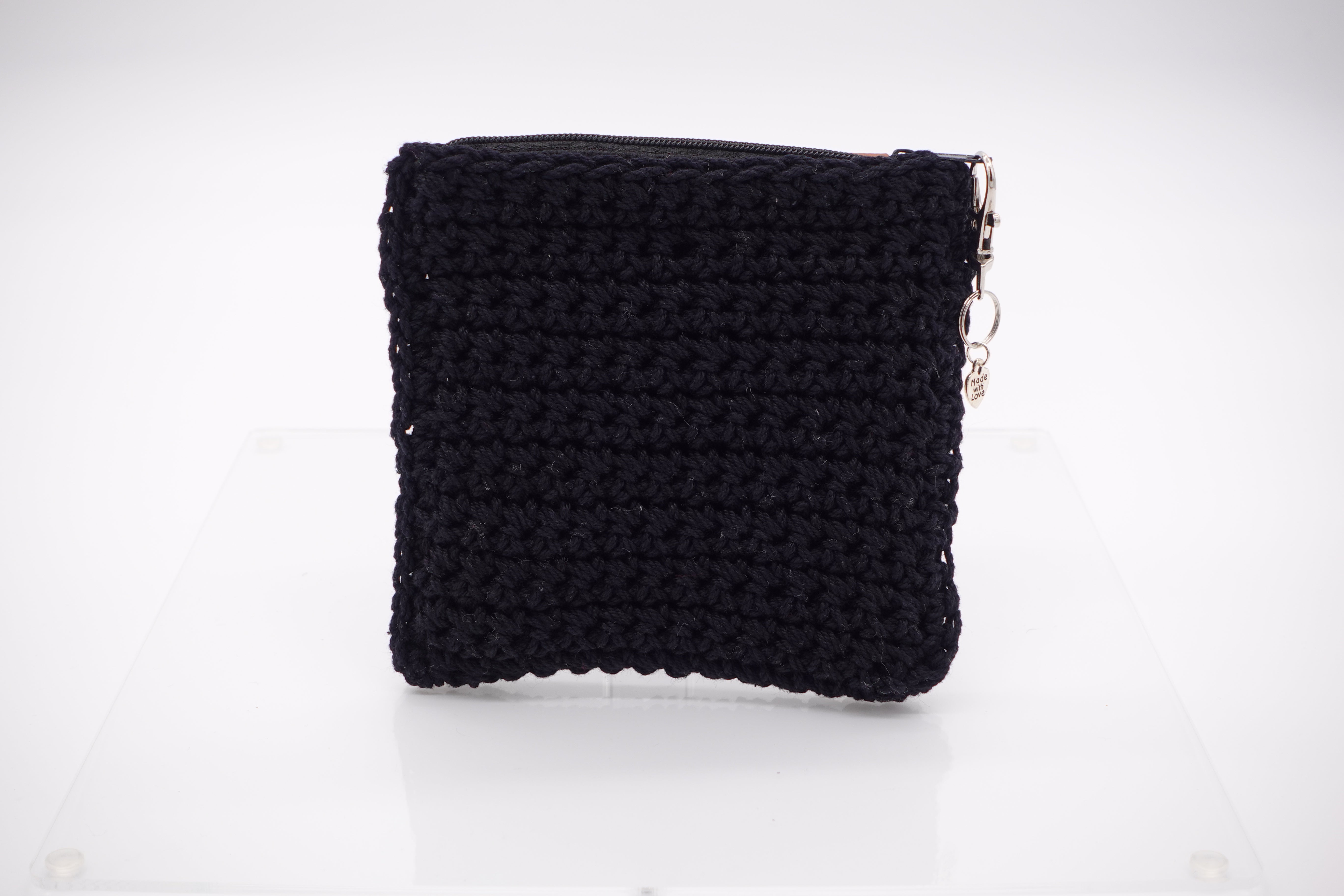 Jumieez Handcrafted Crochet Pouch – Small Black with White Smiley Patch