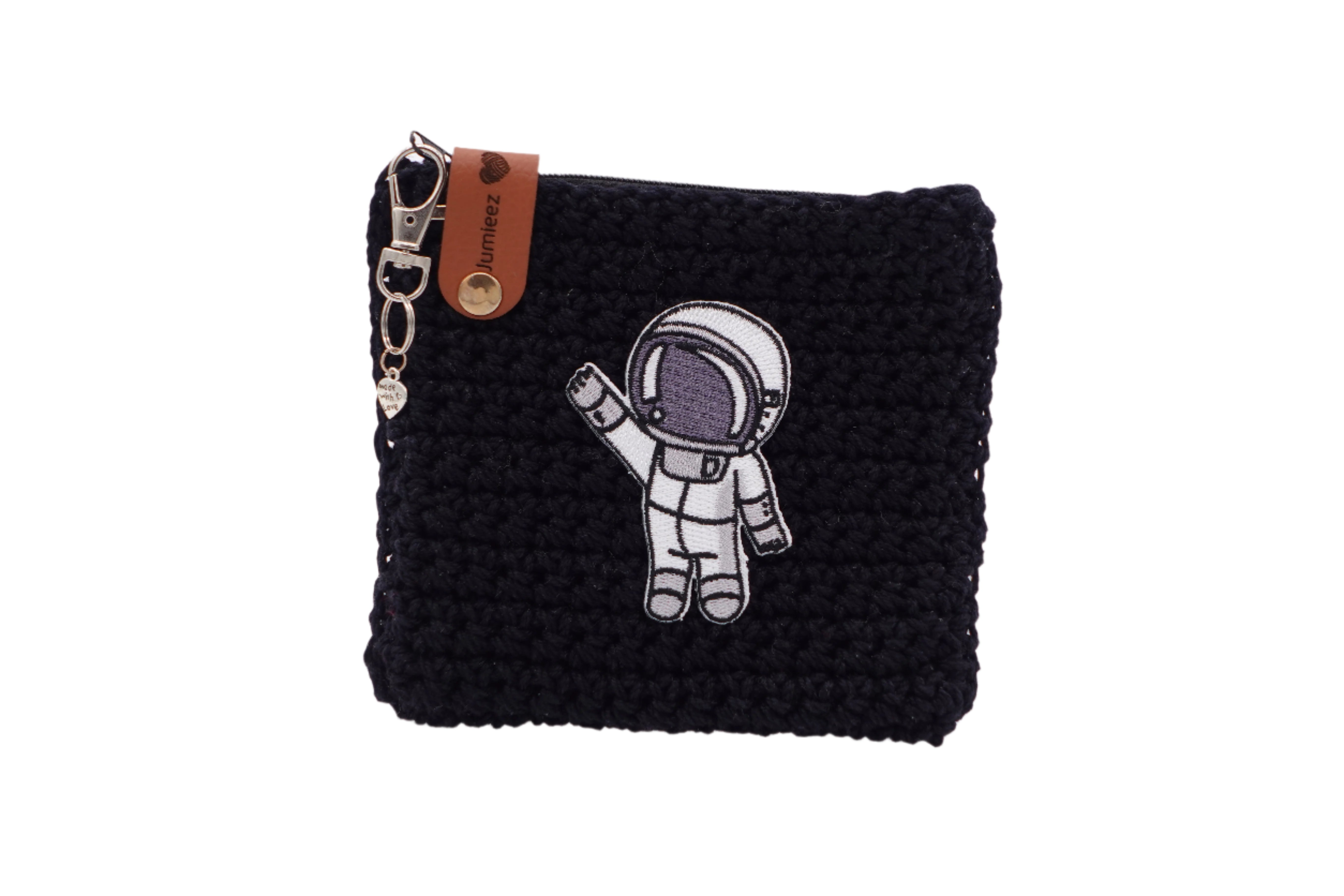 Jumieez Handcrafted Crochet Pouch – Small Black with Astronaut Patch