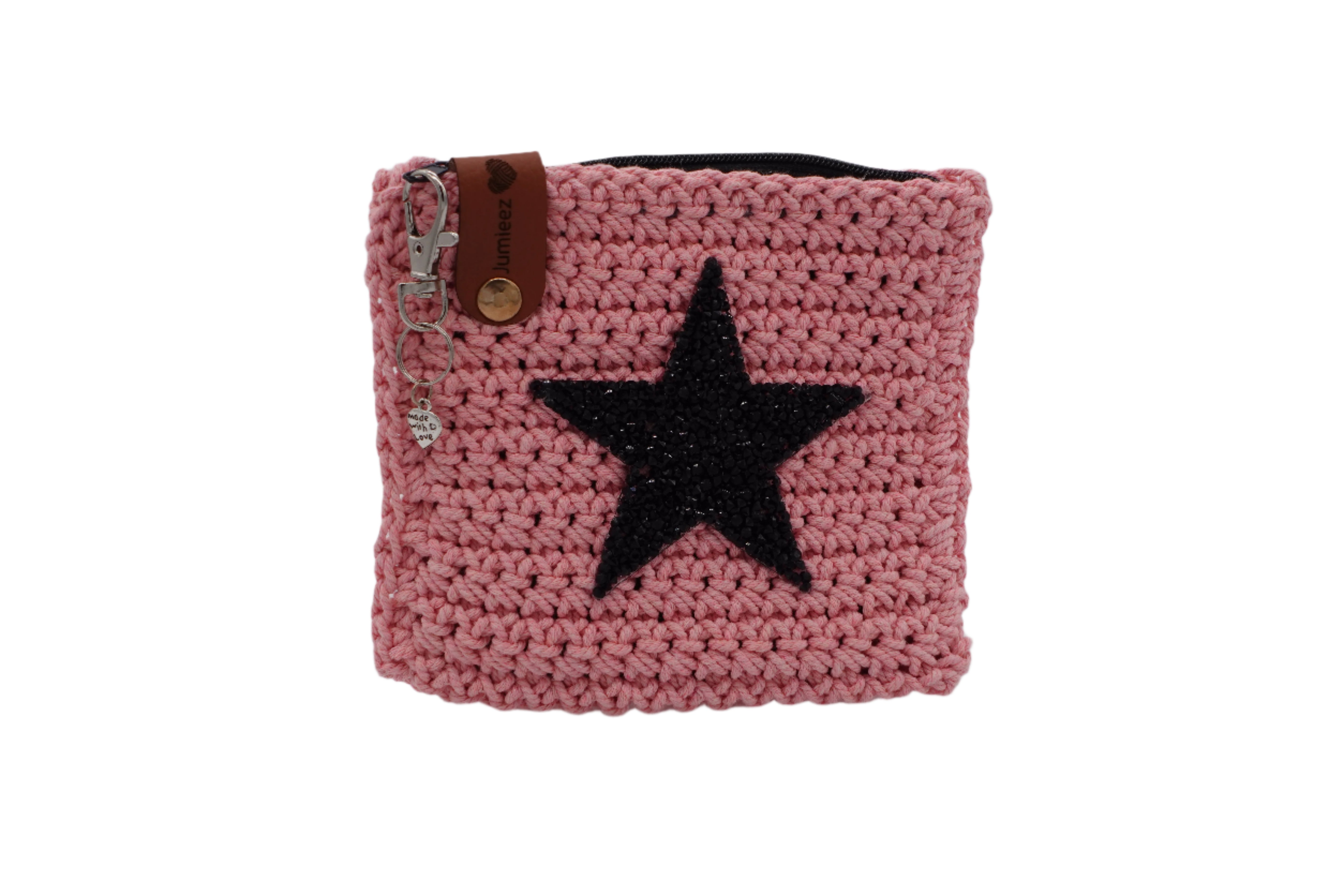 Jumieez Handcrafted Crochet Pouch – Small Pink with Black Star Patch